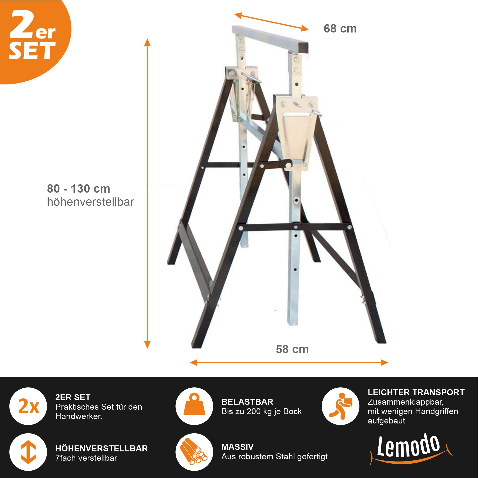 LEMODO Arbeitsbock 2er Set – höhenverstellbarer Klappbock aus Stahl, 7-fach verstellbar von ca. 80–130 cm, Unterstellbock mit 200 kg Tragkraft pro Bock für Werkstatt, Baustelle & Renovierung