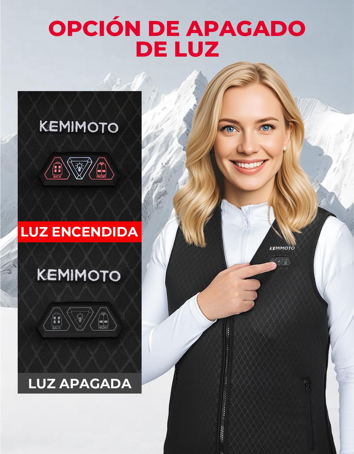 KEMIMOTO Chaleco Calefactable Mujer, Chaleco Térmico Corte Elegante y Ajustado con 6 Zonas de Calentamiento, Chaleco Cálido para Campar, Esquí, Pesca, Actividades al Aire Libre (Sin Batería)