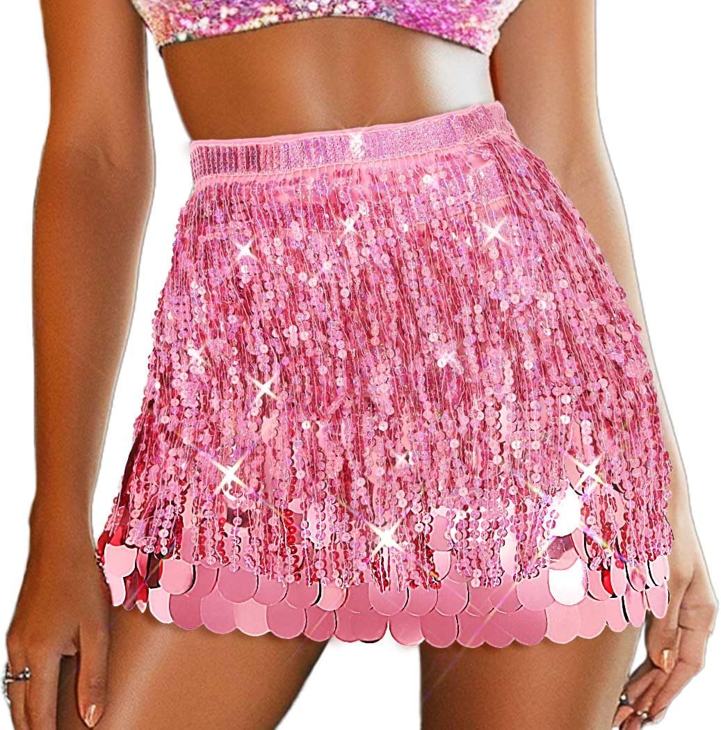 REETAN Fringe Sequin Skirt Belly Dance Sparkly Tassel Skirts for Women (Pink)