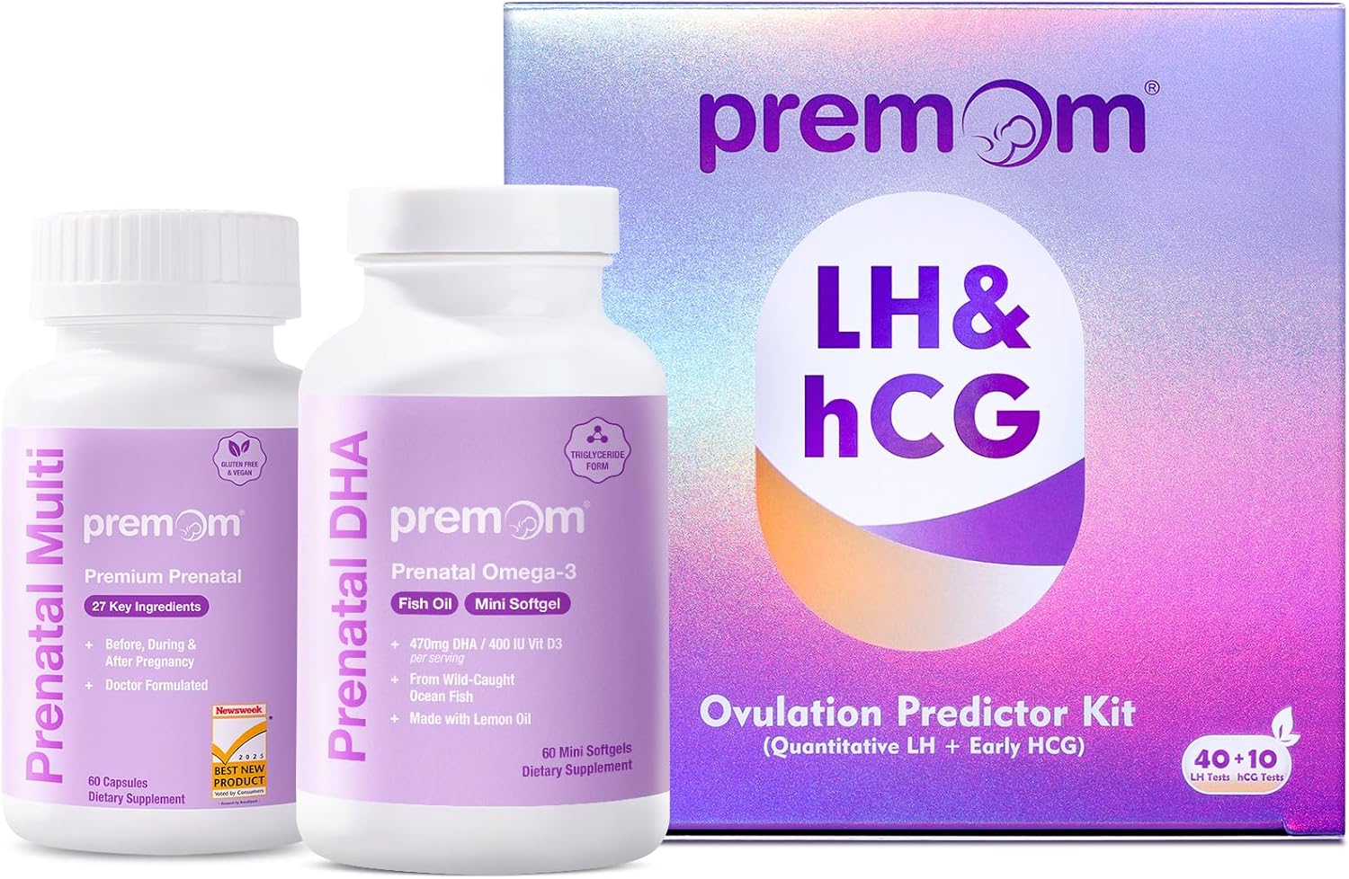 Premom Quantitative Ovulation Predictor Kit：40 Ovulation Tests + 10 Pregnancy Tests + Multivitamin for Women - Prenatal Formula Vitamin Supplements + Premom Fish Oil