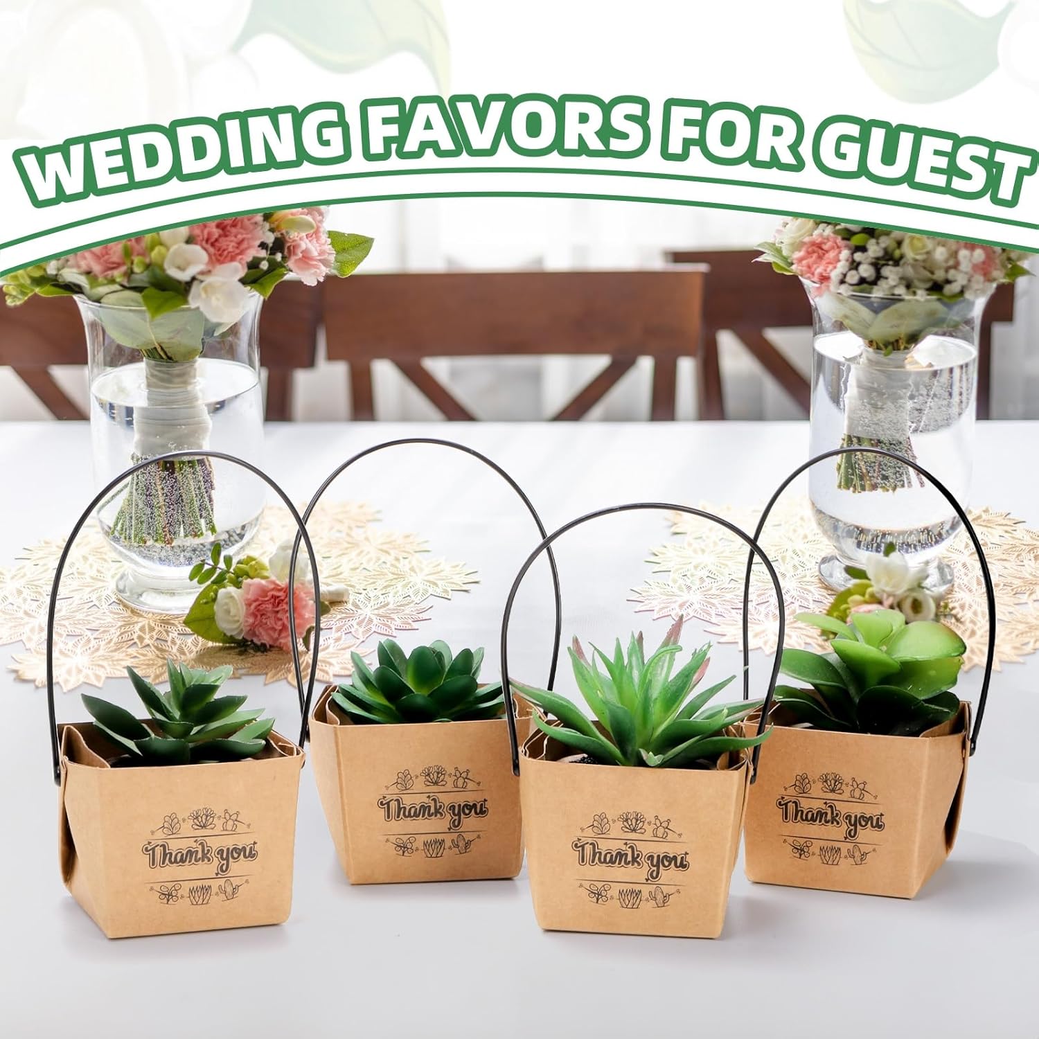 Covzoe 100 Pieces Succulent Wrap Bags, Fits 2 Inch Pots, Thank You Succulent Gift Box with Handles, Waterproof Kraft Paper Wedding Party Favors for Guests Plants Decoration
