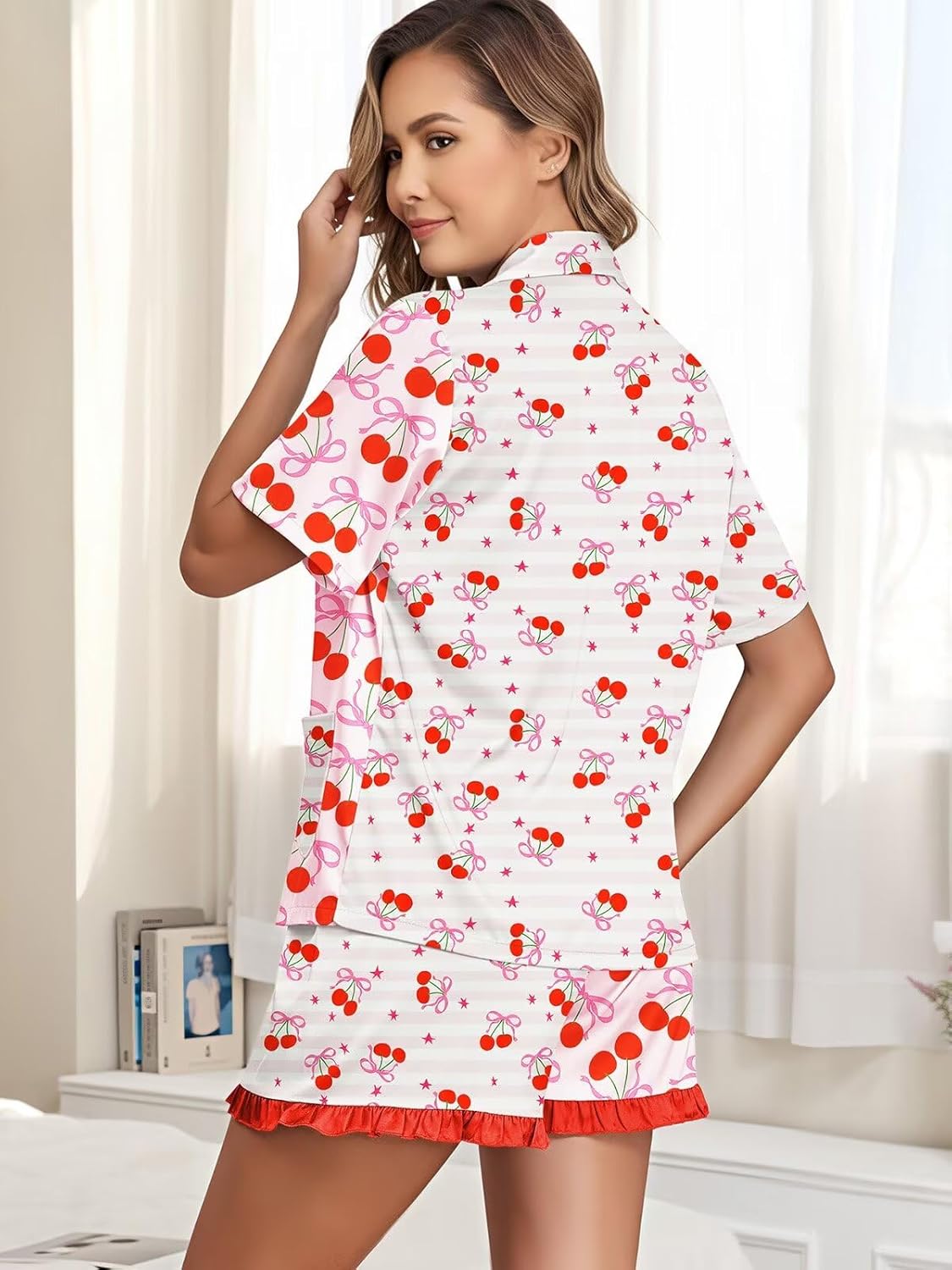 Brosloth Womens Silk Pajama Shorts Set Short Sleeve Summer Pjs Set Printed Ruffle Satin Pajamas 2 Piece Button Up Sleepwear - Image 5