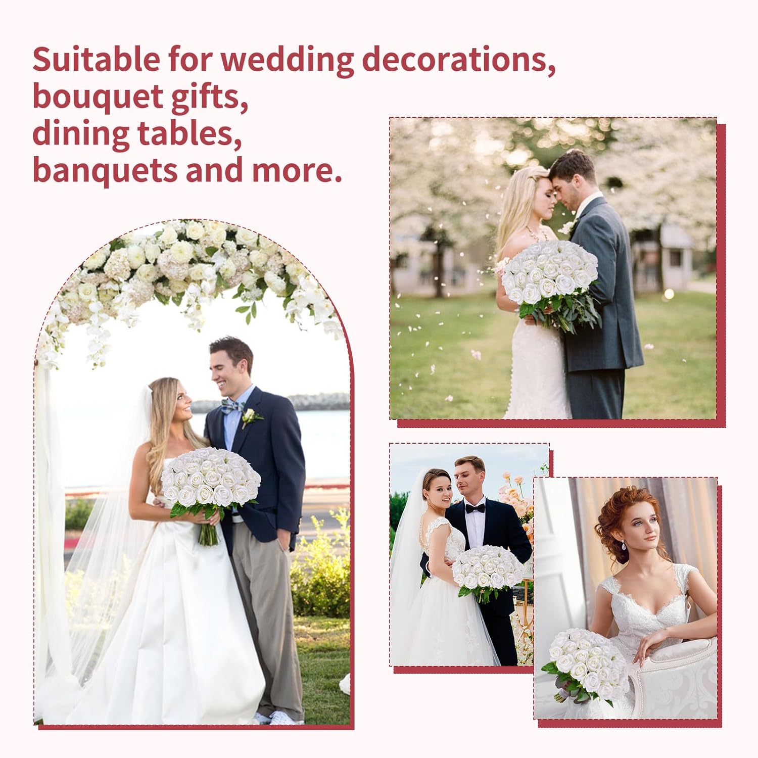 50 PCS White Roses Artificial Flowers, Fake White Roses Bouquet,White Artificial Silk Roses with Stems for DIY Wedding Flowers Decoration, Valentines Day Mothers Day, Bridal Bouquet Roses