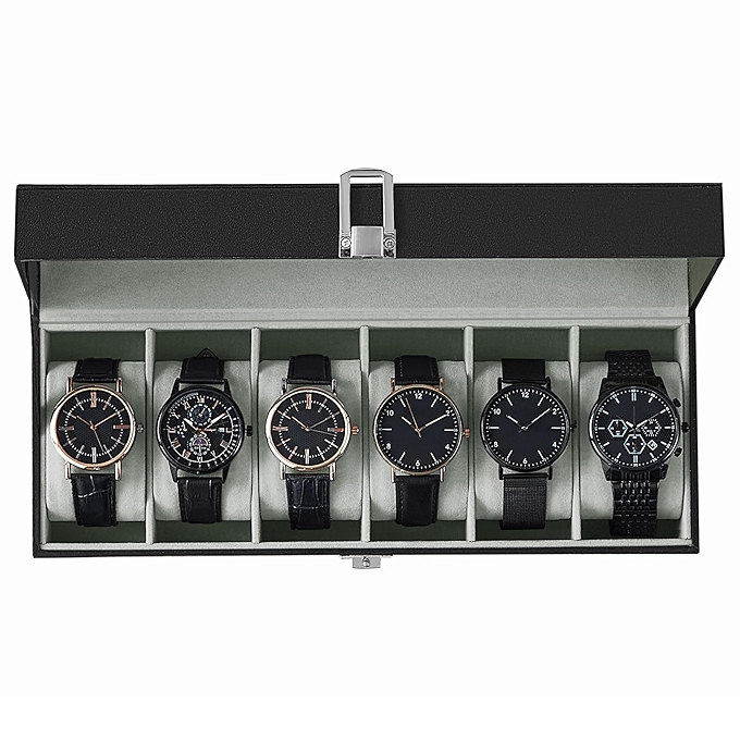 SONGMICS手表盒，六格手表收纳箱，黑色合成皮革，绿色灰色内衬