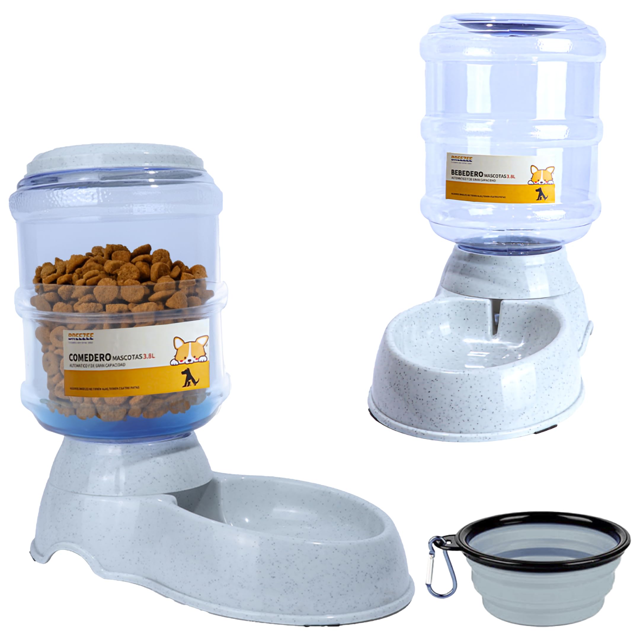 BREEZEE Alimentador Set Bebedero y Comedero Automático para Perros, Gatos y Otras Mascotas, 2 en 1 Dispensador de Agua y Dosificador de Alimento Croquetas Contenedor Dosificador Libre BPA Mascota