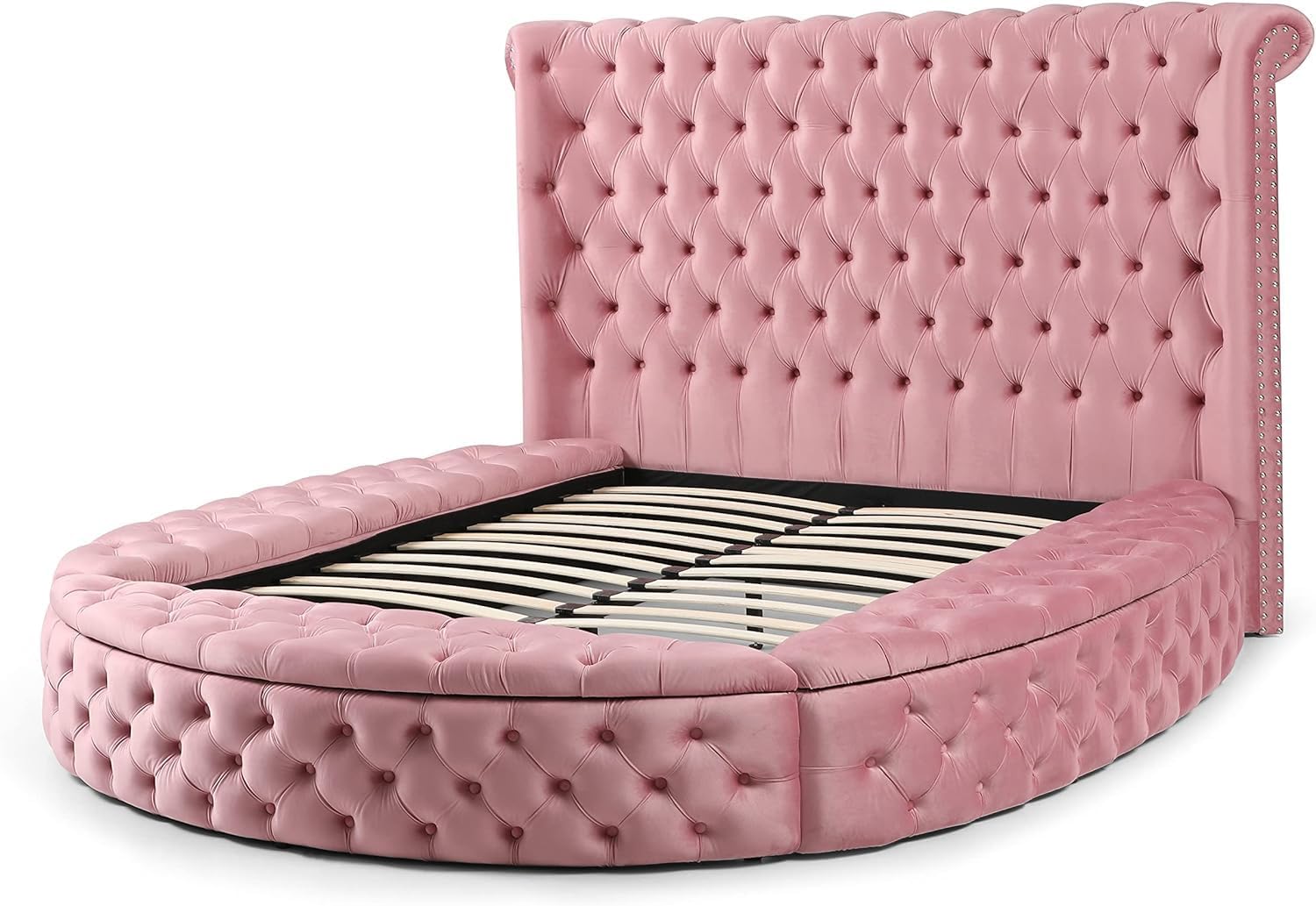 Woodpeckers Furniture And Mattress Upholstered Round Storage Bed (Pink, Queen (U.S. Standard))