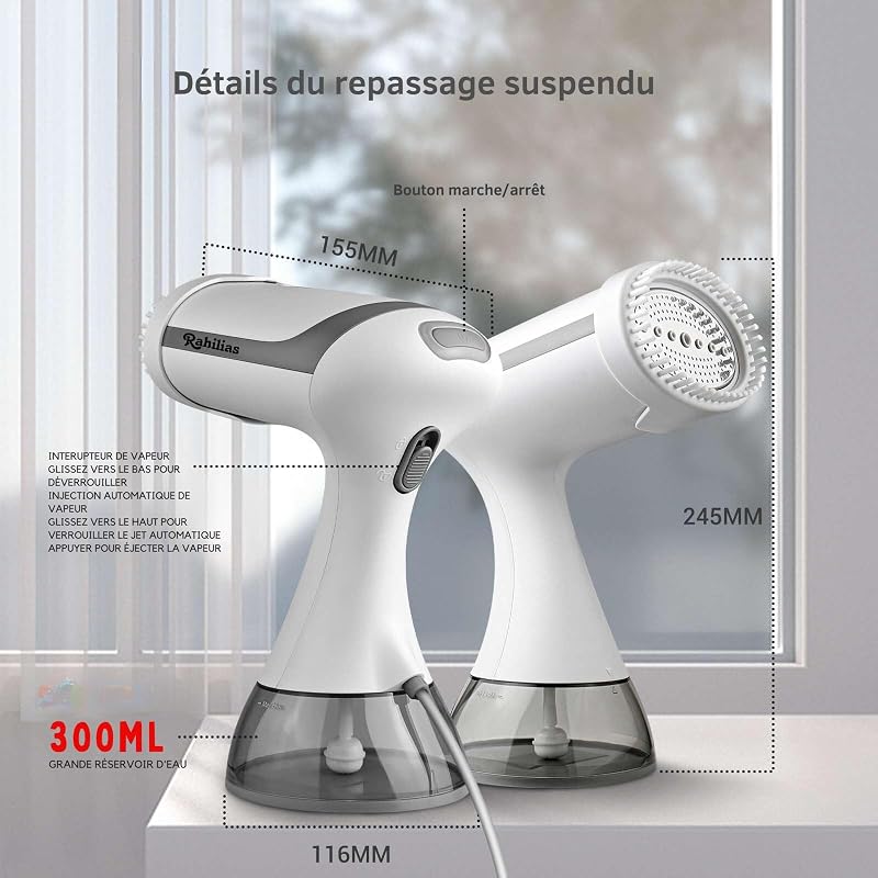 Rahilias Függőleges Kézi Ruhagőzölő - 1500W Gyors Gőzölő Ingekhez - Hordozható Automata Gőzvasaló Kábellel - 350ml Fehér