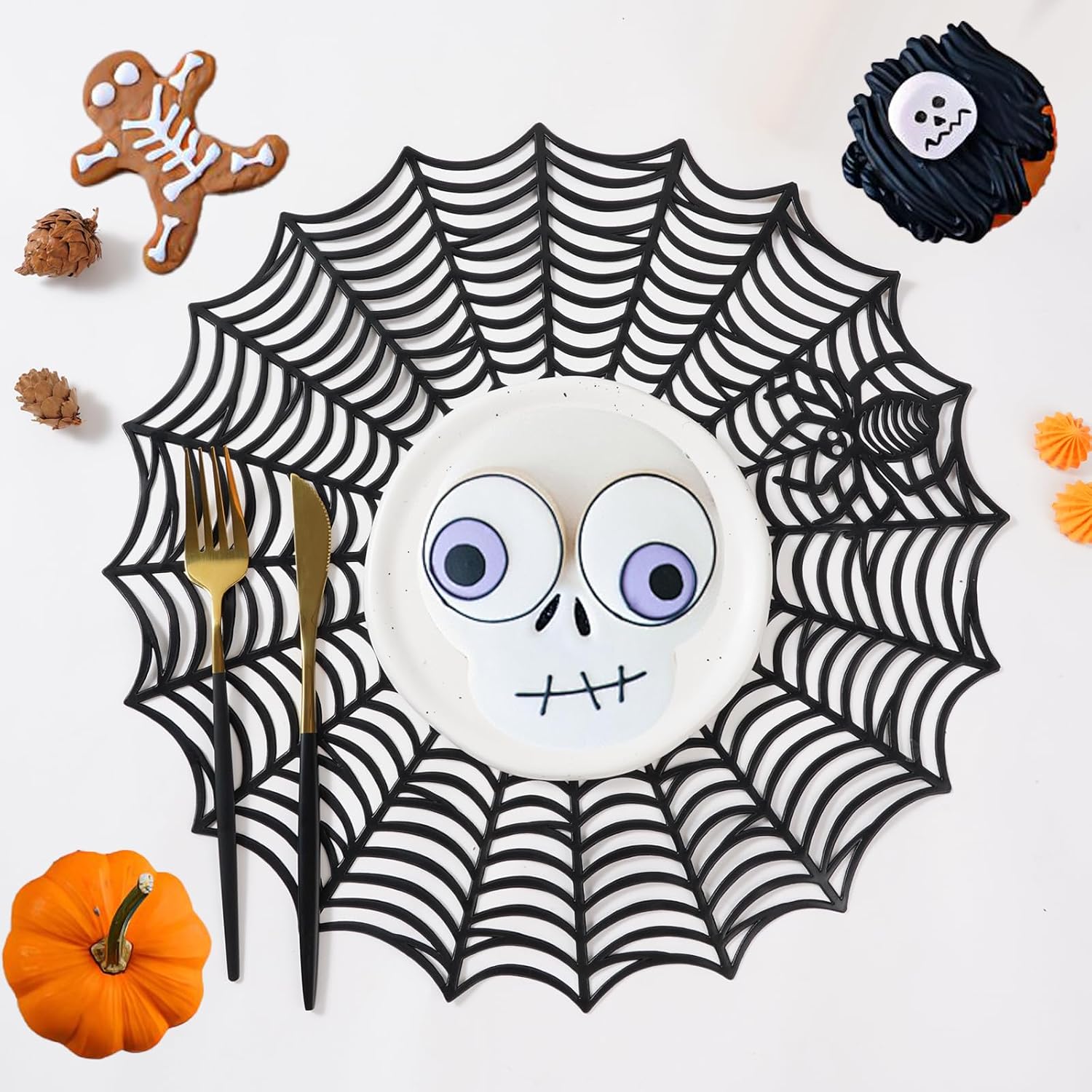 8Pcs Halloween Spider Web Placemats, 15" Heat Insulation Black Table Mats