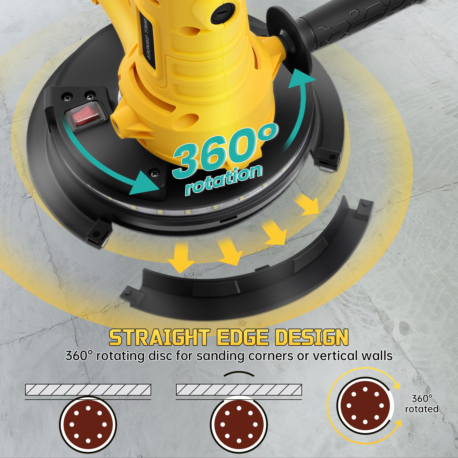 800W Electric Drywall Sander, Variable Speed1200-2300RPM Wall Sander with Vacuum, LED Lights, Dust Bag and Hose,12 Pcs Sanding Discs - Image 5