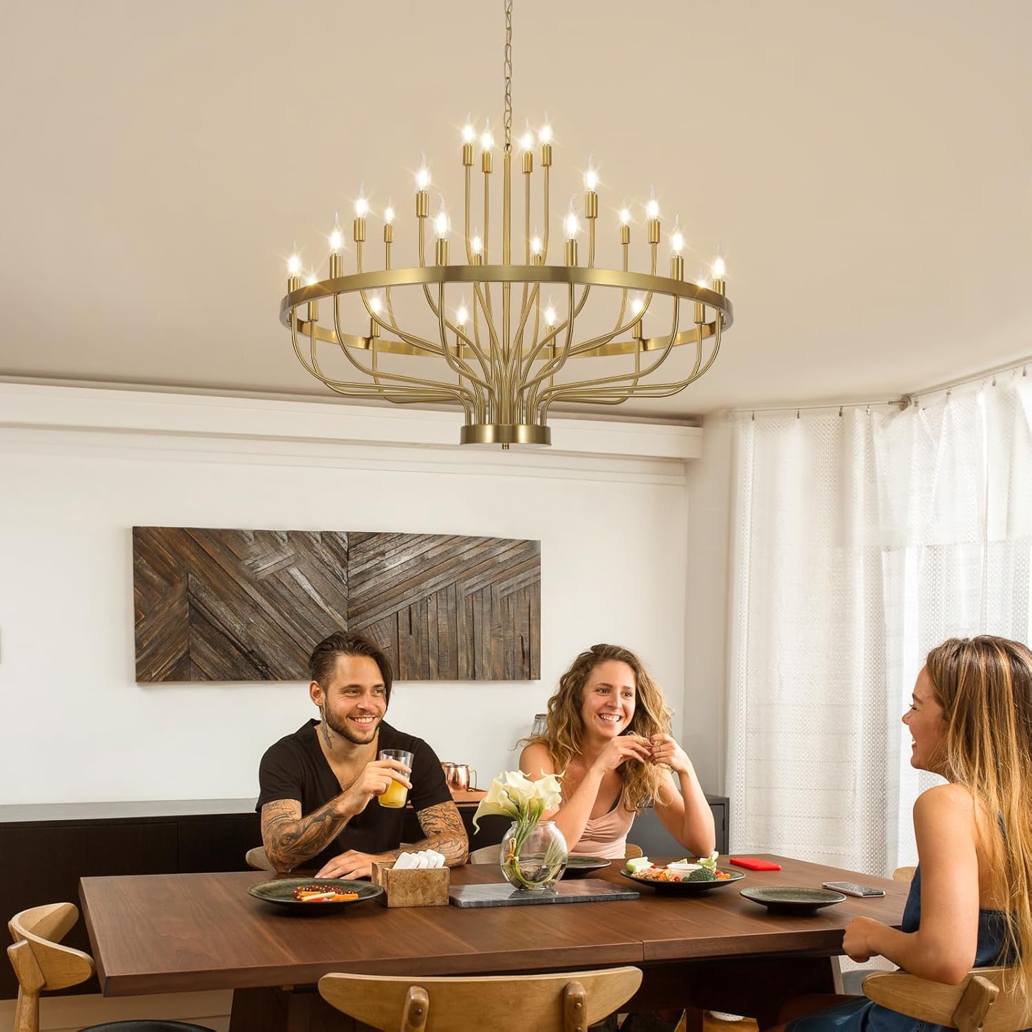 Gold Chandelier 24 Light Large Chandelier for High Ceilings, Farmhouse Wagon Wheel 39in 3-Tier for Dining Room, Hallway, Living Room, Foyer