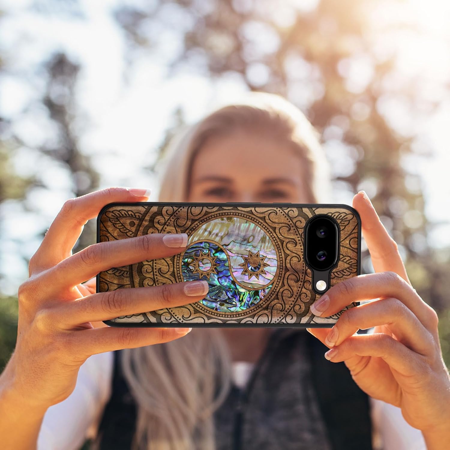 Carveit Magnetic Wooden Case for Google Pixel 9a Case, Wood Artisan Engraved & Handmade Shell Inlaid, Compatible with MagSafe Wireless Chargers (Yin Yang Paisley) Walnut