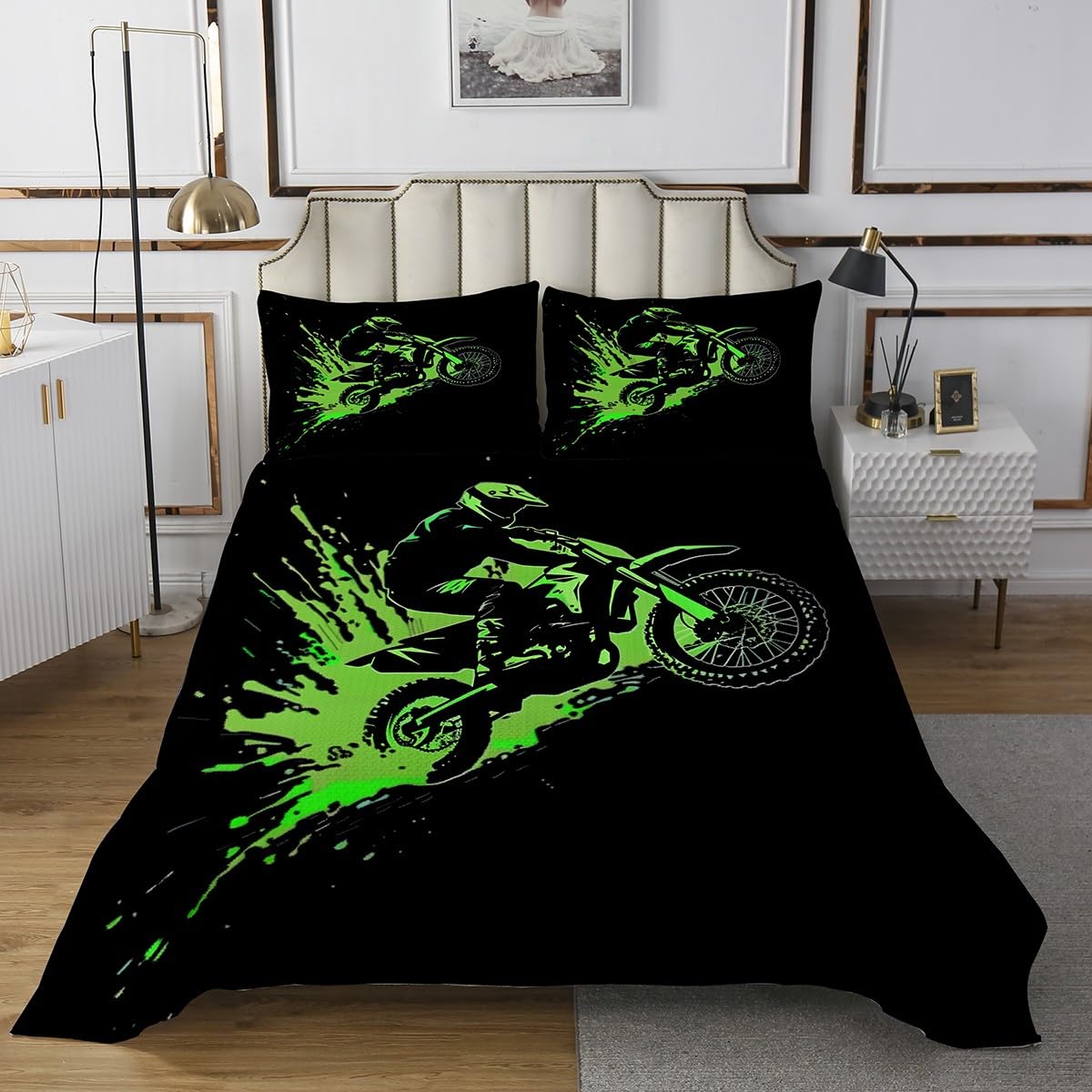 jejeloiu Dirt Bike Bedspread Queen Size Motorbike Quilted Coverlet for Boys Girls Teens Green Black Coverlet Set Breathable Soft Lightweight Microfiber