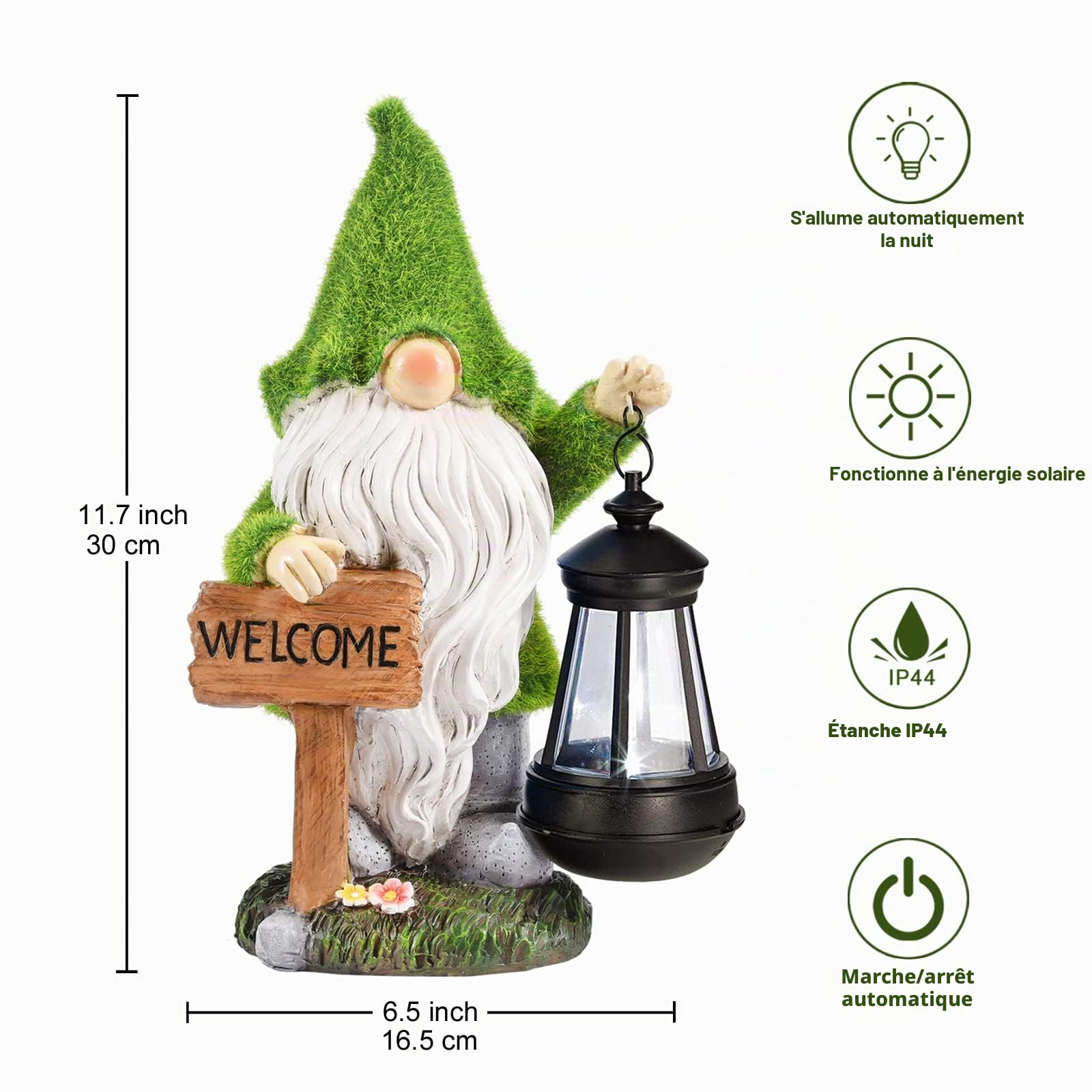 GNOME Décoration Jardin avec Lampe Solaire et Panneau Bienvenue 30cm