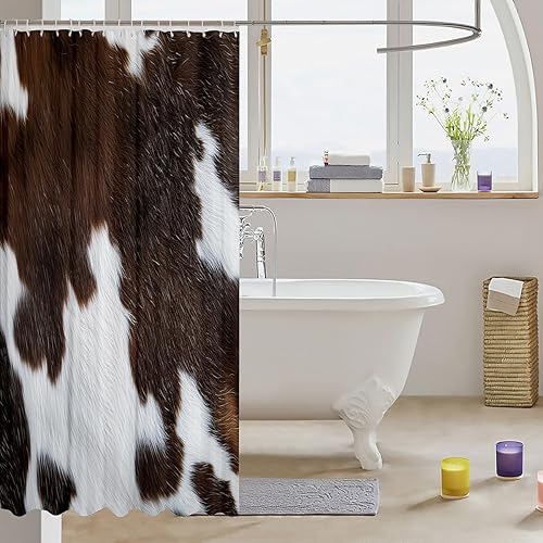Vista 38 de Juego de cortinas de ducha con estampado de piel de vacuno retro, estilo vaquero occidental, decoración de baño de 72 x 84 pulgadas con ganchos