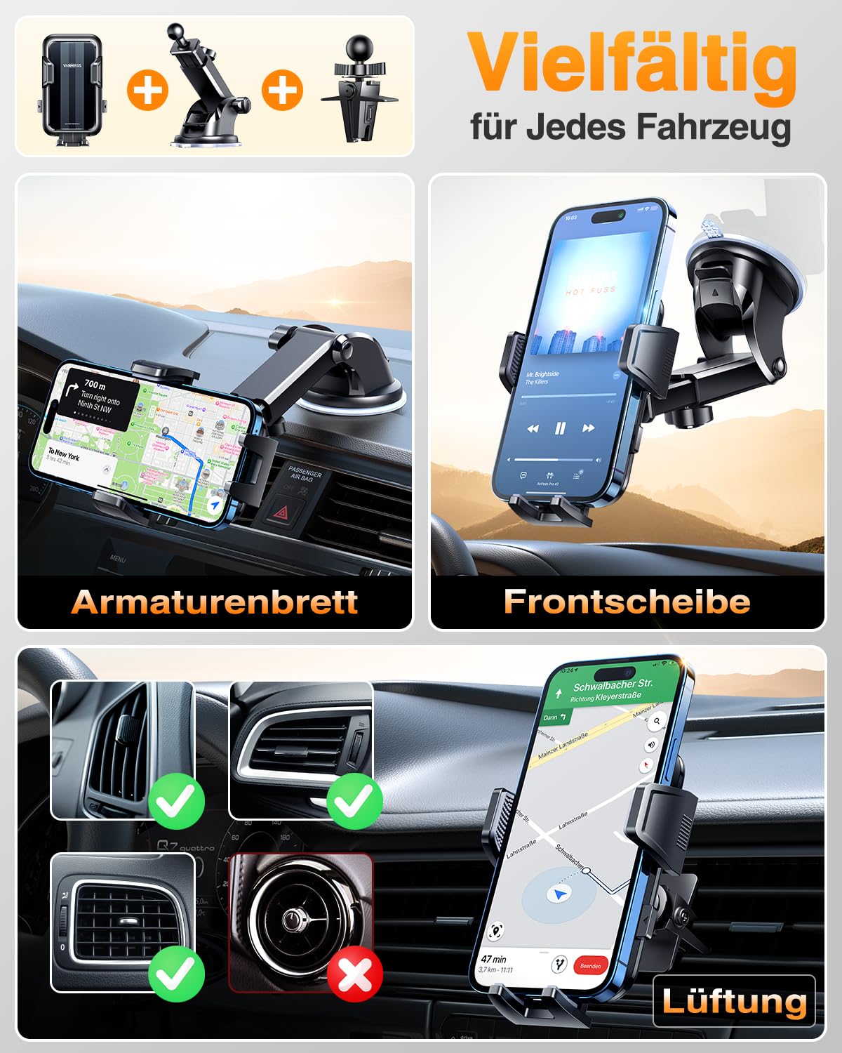 VANMASS 2026【True Militär-Klasse】Handyhalterung Auto【Stärkste Saugnapf & Lüftungsclip 】4 in 1 Handy Halterung Auto Handyhalter 360° drehbar Autohalter für iPhone 17 Pro Max/17 Air/16/15/14 Samsung S25