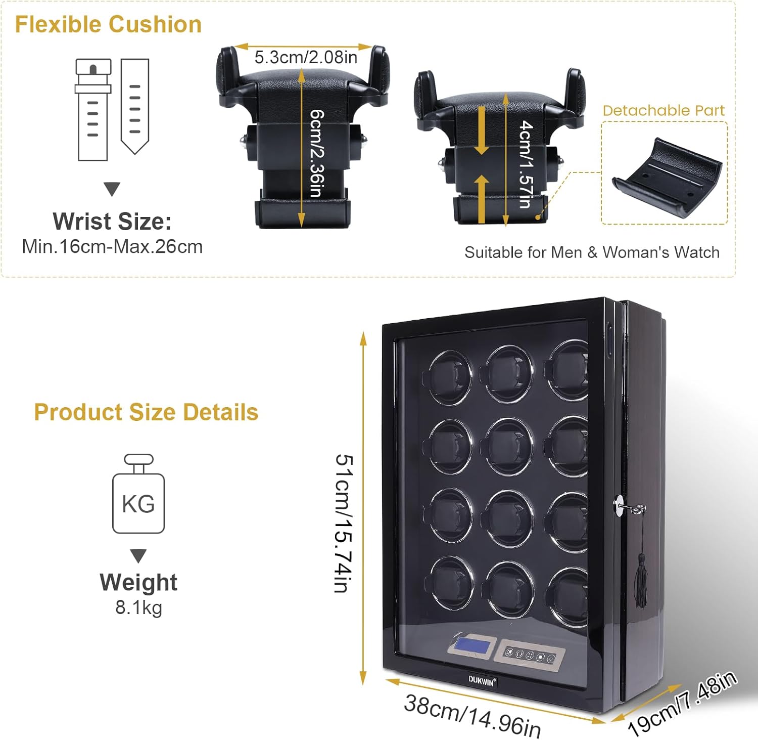 DUKWIN Watch Winder for 12 Automatic Watches with Key Lock, LCD Screen, Remote Control, LED Light, Adjustable Watch Pillow and Supper Quiet Motor for Universal Watches