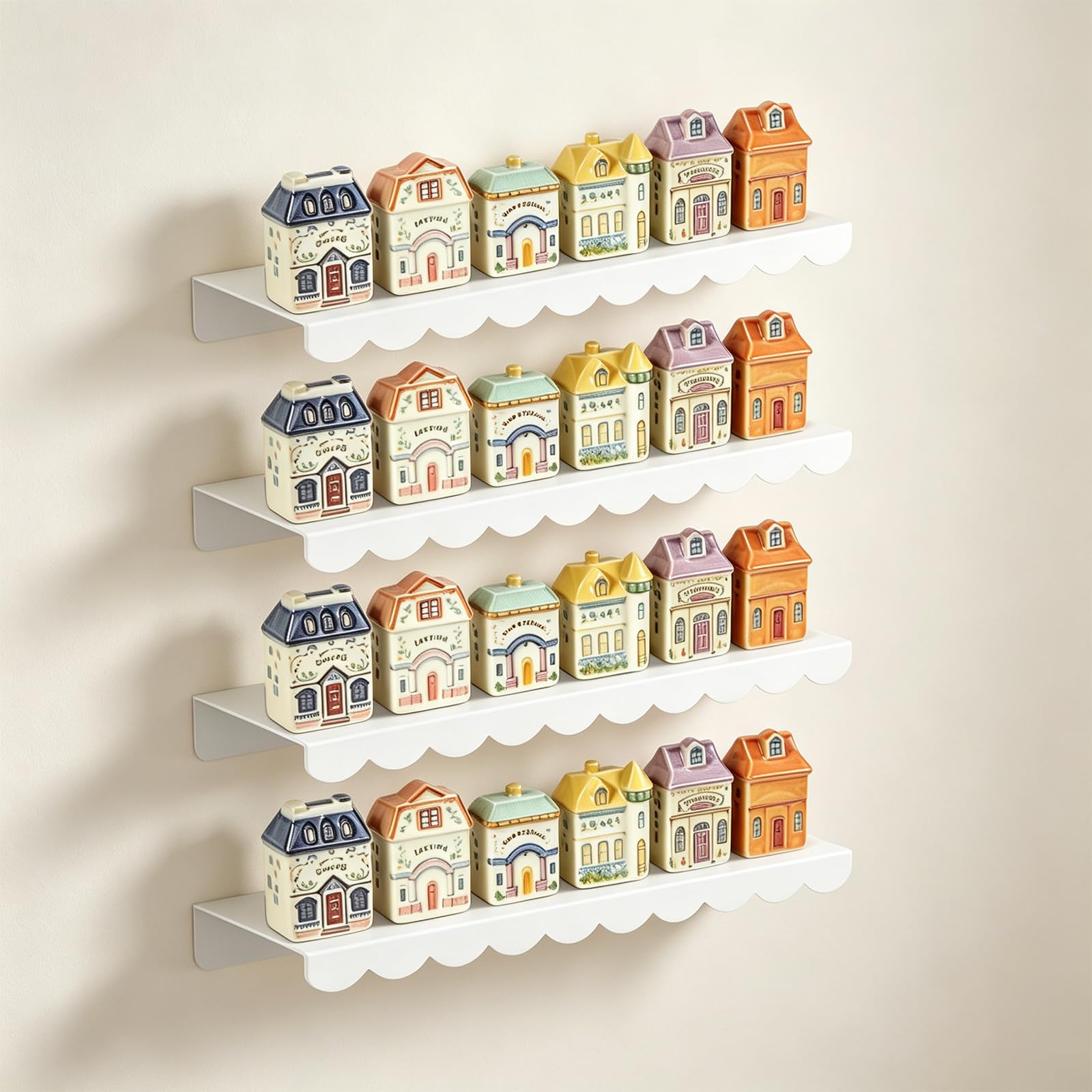 AIHSUMC 4 Tiers Spice Rack Wall Mounted, 15.7 Inch Scalloped Floating Shelves Vintage Spice Jar Iron Display Stand for 24 Jars Wall Mounted Seasoning Jars Rack Shelf for Kitchen,Shelf Only