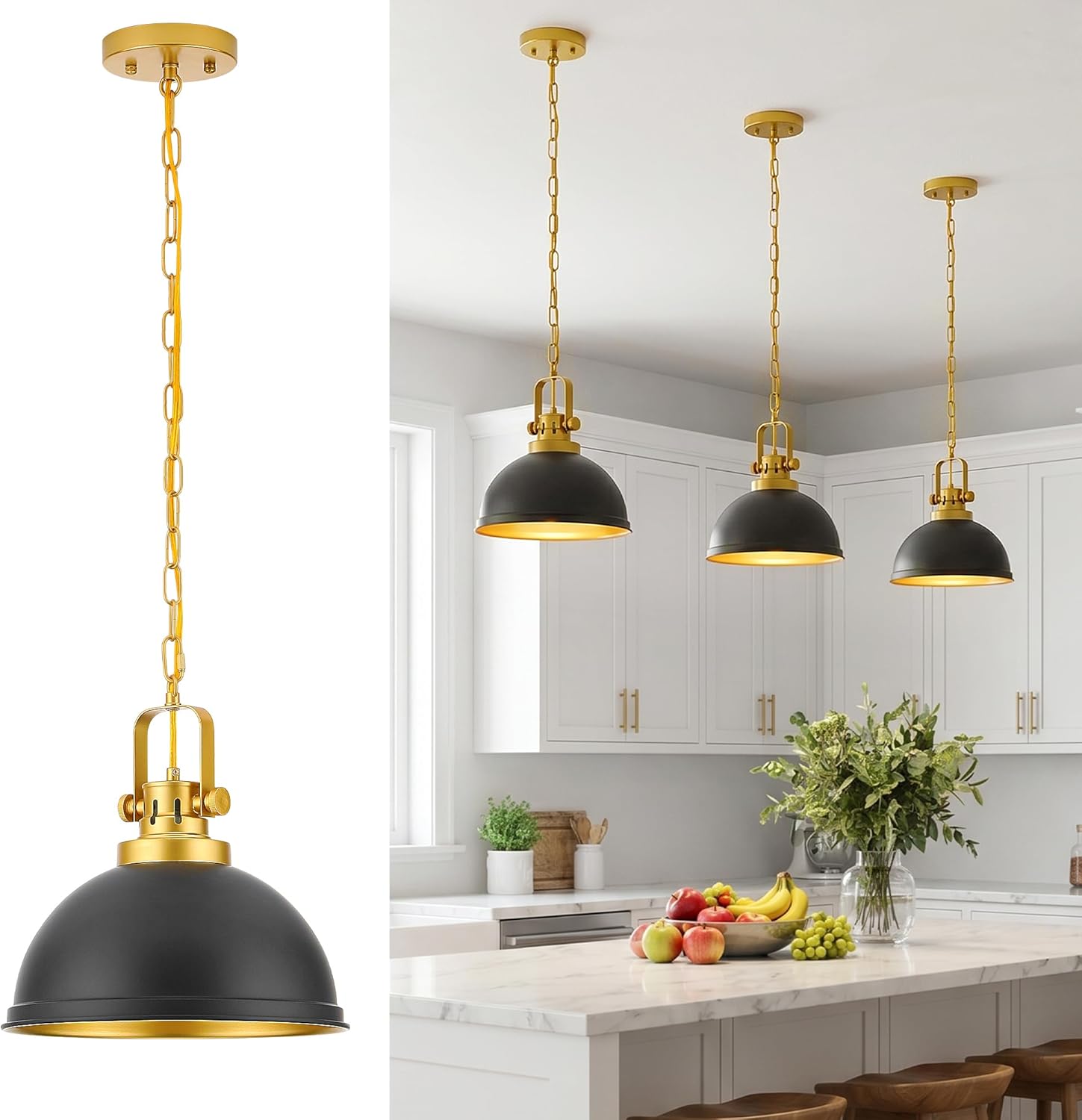 2-Pack Black Gold Pendant Lights Kitchen Island, Modern Dome Pendant Lights Matte Black Dome Hanging Light Fixture for Kitchen Dining Room Foyer Entrance Restaurant Hallway