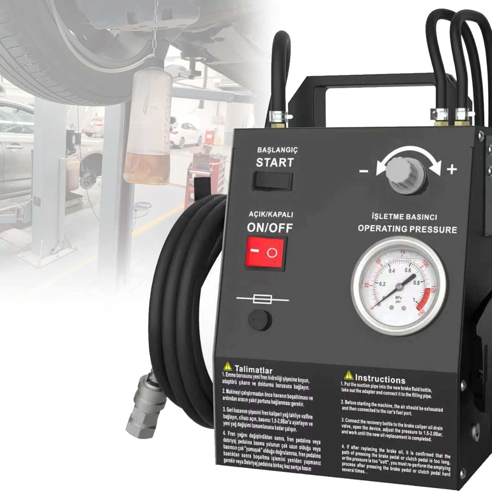 Automatyczny zestaw do odpowietrzania hamulców, wymienniki płynu hamulcowego sterowane impulsowo, z adapterem 16 do cylindra głównego, do pojazdów benzynowych. PackageA-Black