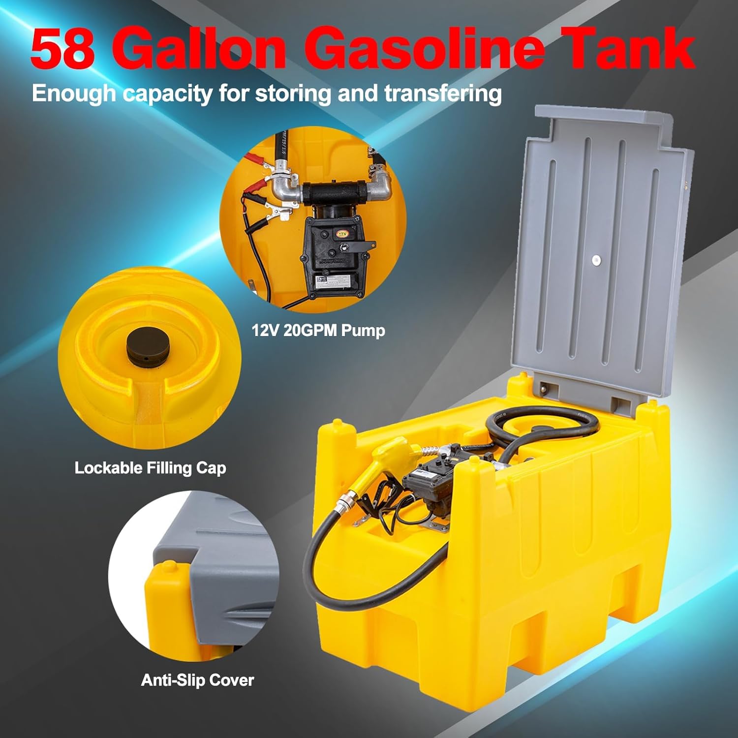 58 Gallon Portable Gasoline Diesel Transfer Tank,Gasoline Tank with 12V Electric Fuel Transfer Pump,Mobile Gasoline Fuel Tank for Transportation (Yellow)