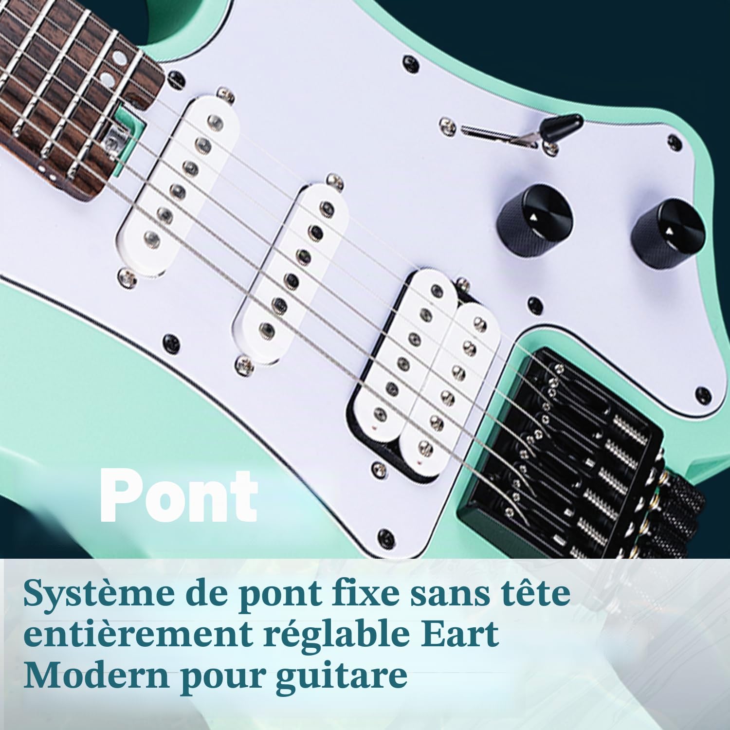 EART GW2P-SE Guitare électrique sans tête avec corps en acajou grillé et manche en érable du Canada, extrémités arrondies, frettes Medium Jumbo en acier inoxydable (Vert)