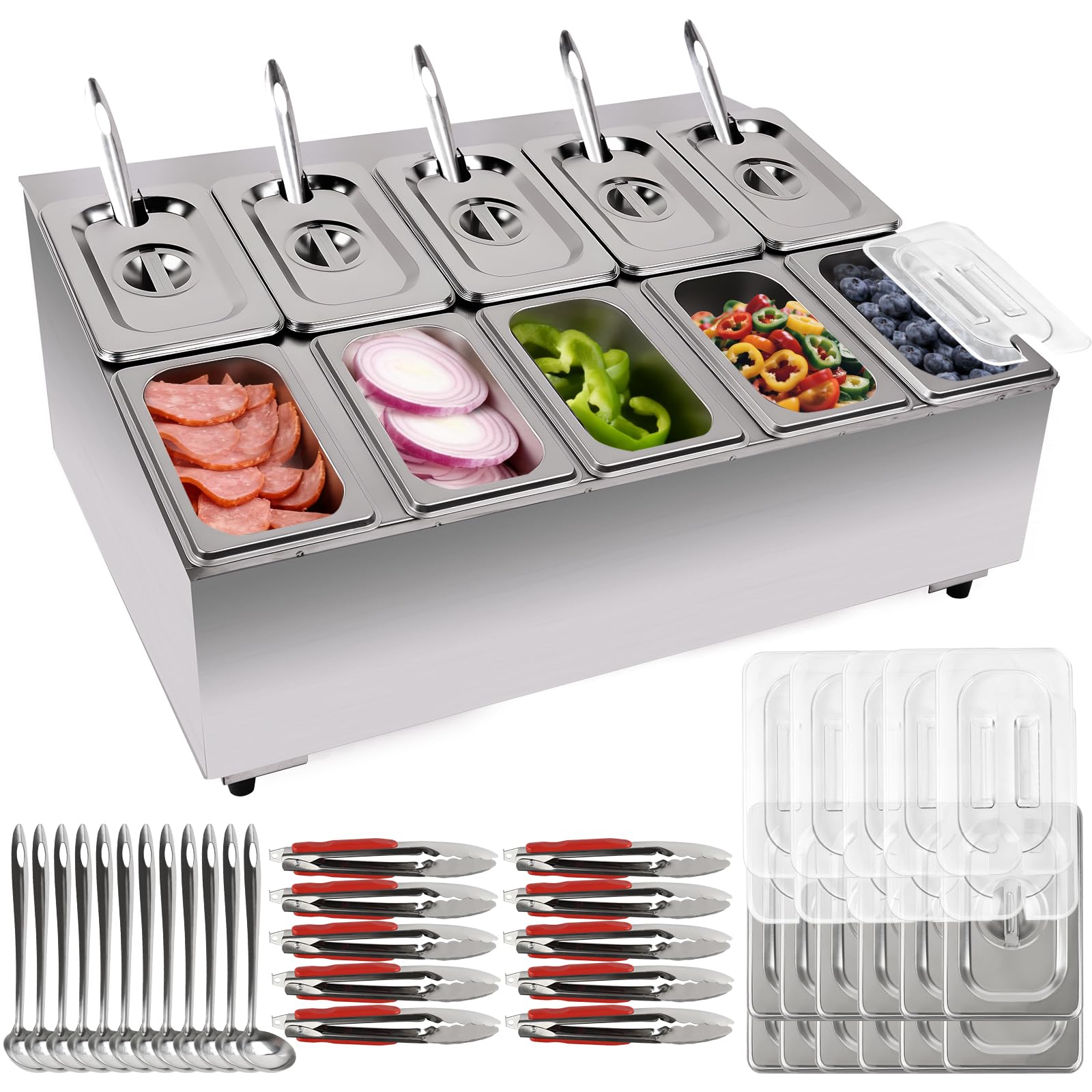 Kalolary 10 Pans 2 Row Pizza Topping Station with Spoons Clips Lids