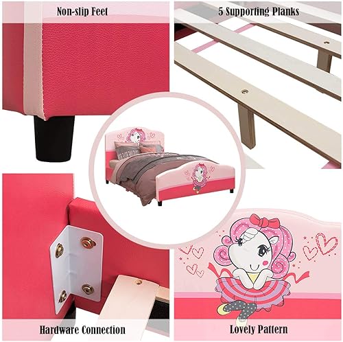 Miniatura 89 de Costzon Base de cama individual para niños, plataforma de cama individual tapizada de madera con soporte de listones, cabecera y estribo acolchados