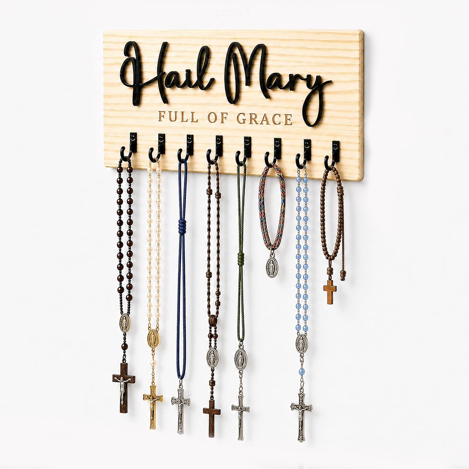 Hail Mary Family Rosary Hanger Wall, Wooden Rosary Holder Wall Mount, Catholic Home Decor, Religious Engagement or Wedding Gift, Godparent Gift, Religious Gifts for Her