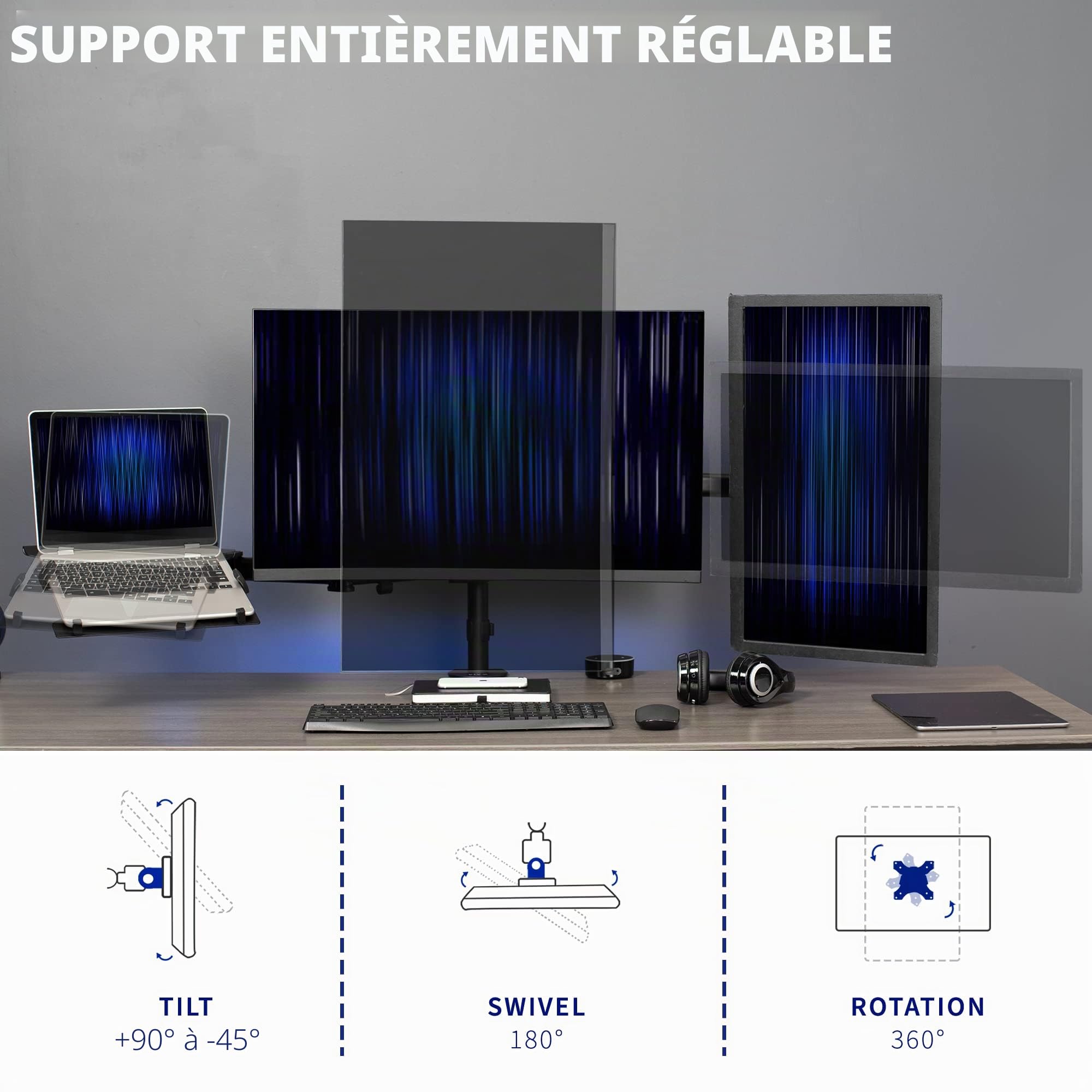 Vivo Support Double écran + Support pour Ordinateur Portable de 13 à 27" et Ordinateurs Portables de 10 à 15,6", Triple écran, Bras articulés, Noir, STAND-V013L