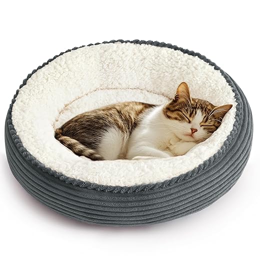 Love's cabin Round Donut Cat and Dog Cushion Bed, 20in Pet Bed for Cats or Small Dogs, Anti-Slip Water-Resistant Bottom, Super Soft Durable Fabric Pet beds, Washable Cat Dog Bed Stripe Bluish Grey
