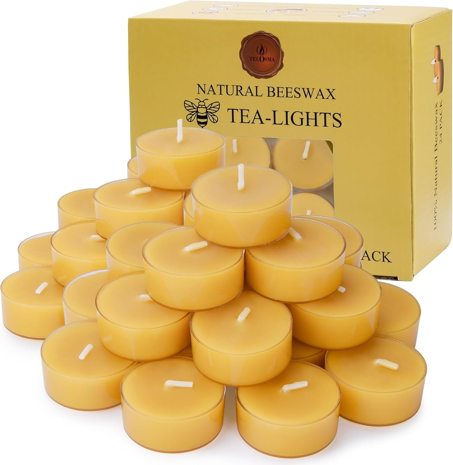 TELOSMA 36 Pack Natural Yellow Beeswax Tealight Candles - Unscented Smokeless Clean Burning in Clear Cups, Organic Pure Wax