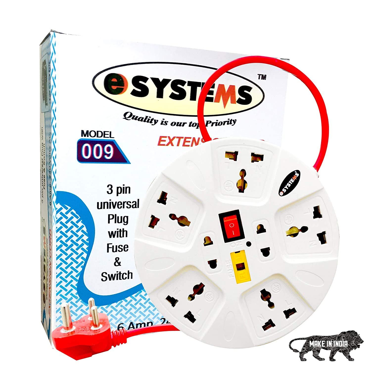 eSYSTEMS Extension Board, 6 Amp Multi Plug Point Strip, Led Indicator & Universal Sockets, Fuse Protection Extension Cord (White) eSYSTEMS Extension Board, 6 Amp Multi Plug Point Strip, Led Indicator & Universal Sockets, Fuse Protection Extension Cord (White)