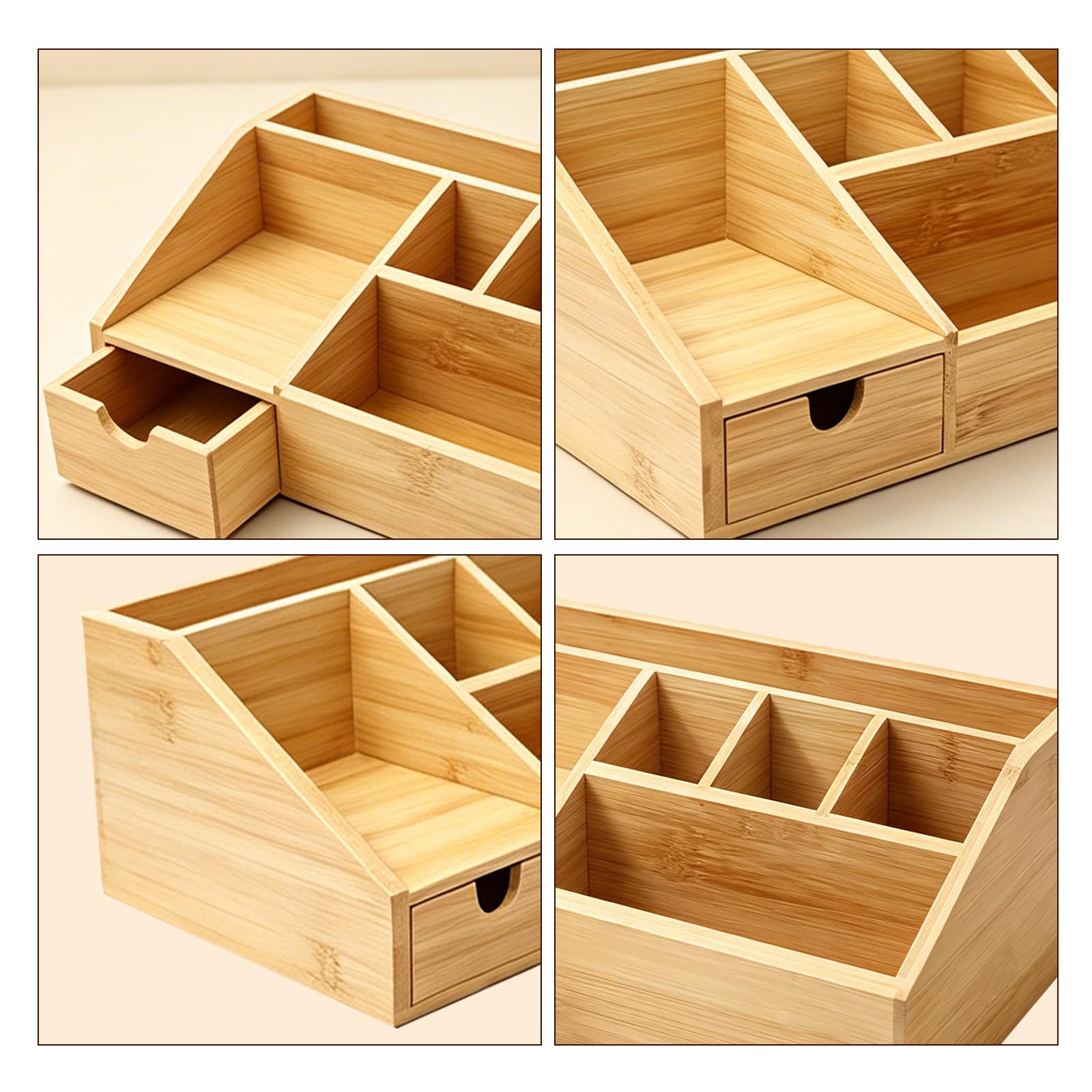 Organiseur de Bureau en Bambou avec Tiroir – Boîte à Crayons, Design Trapézoïdal, Rangement pour Home-Office, Couleur Naturel
