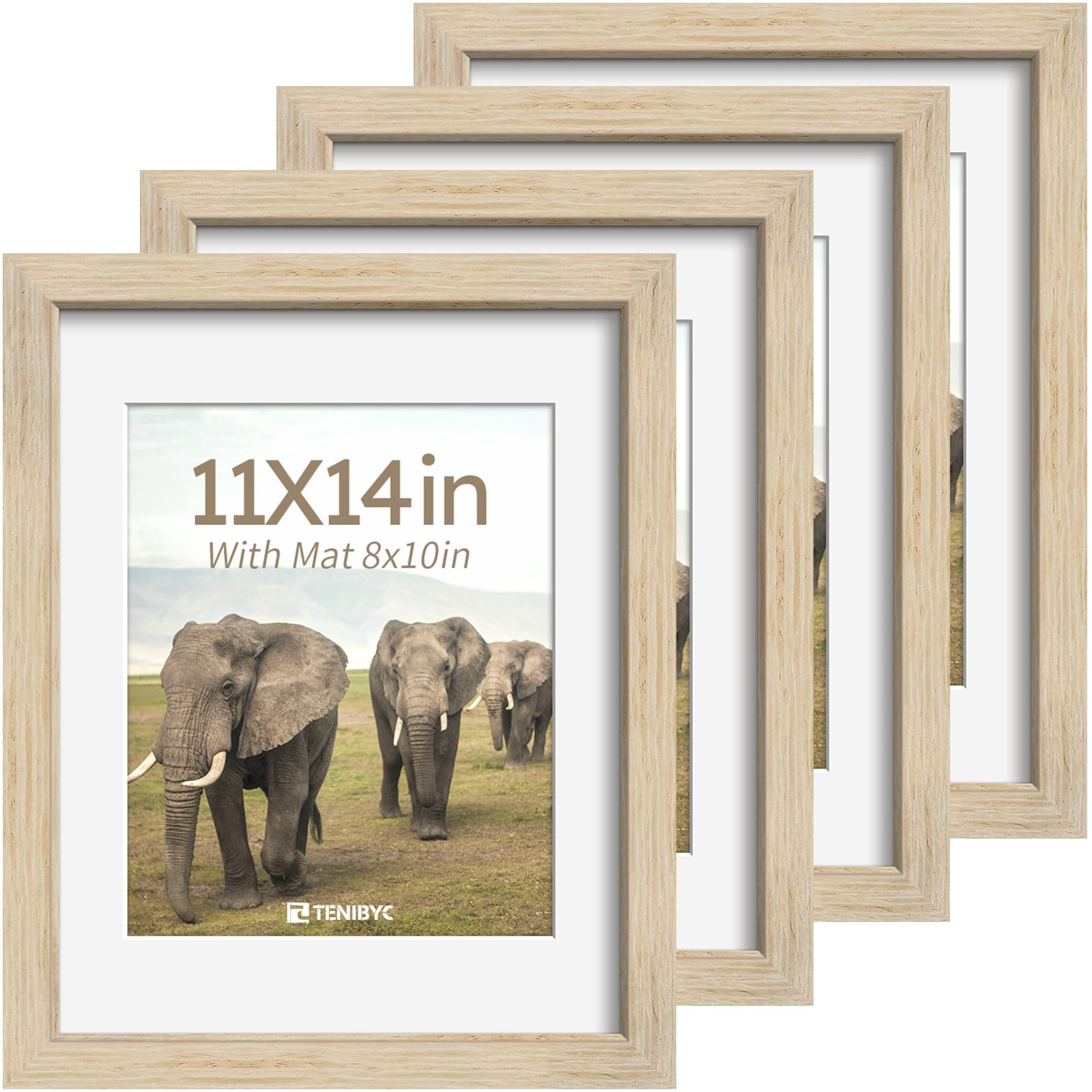 Photo 1 of 11x14 Picture Frame Set - 4 Pack, Oak Solid Wood Photo Frames - Tempered Glass - Displays Photos 8x10 with Mat or 11 x 14 without - Room, Office, Gallery, Studio, and Hallway Decor - Wall Hanging
