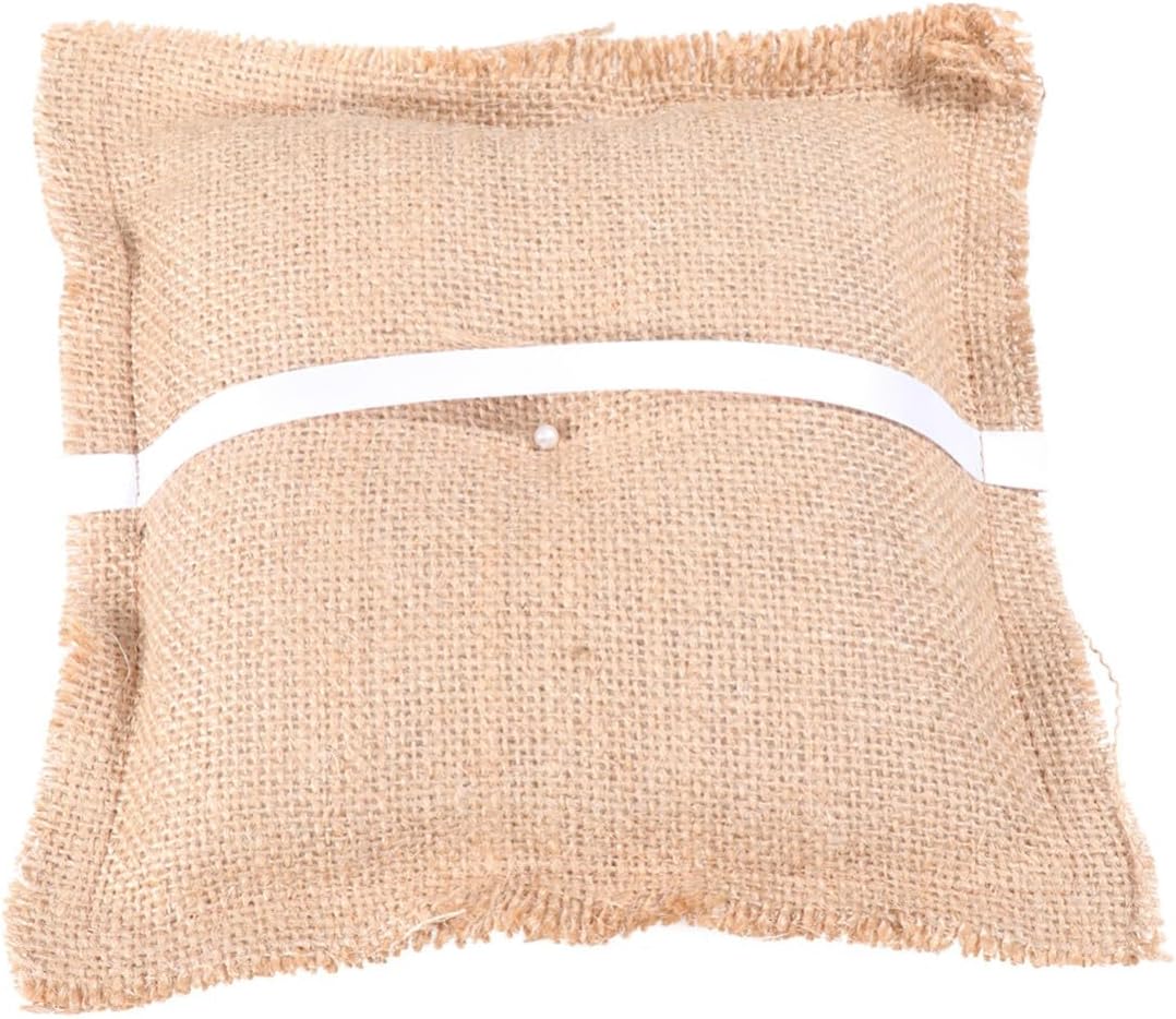 Rustic Burlap Ring Bearer Pillow Cushion 18cm with Two Wooden Hearts
