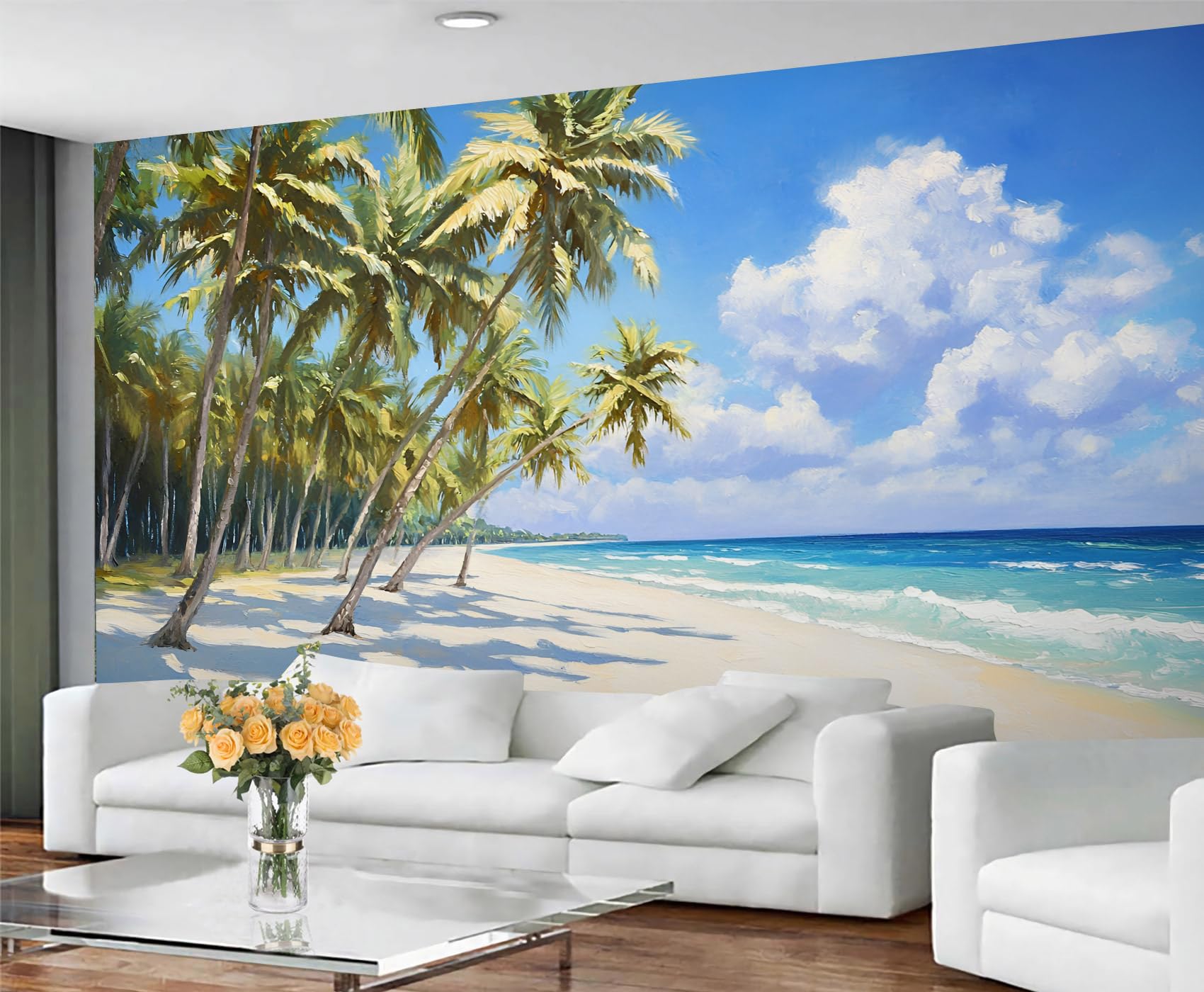 GIVLWF Tropical Beach Wallpaper, Palm Trees Wallpaper for Living Room, Sunny Coastal Bedroom Wall Paper, Turquoise Ocean Wall Mural & Home Decor, Non Self Adhesive