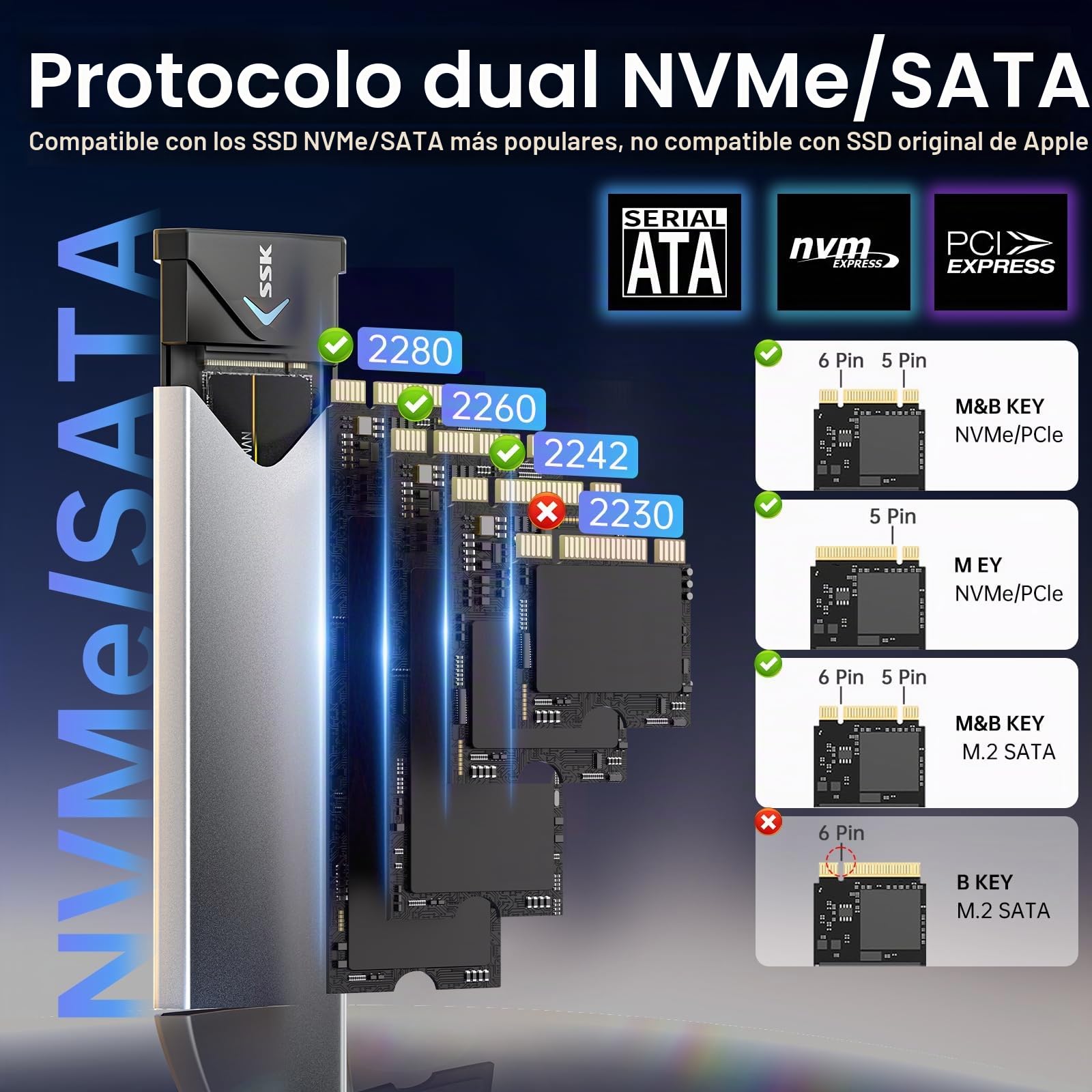 SSK Adaptador de Caja SSD SATA M.2 NVME de Aluminio, USB 3.2 Gen 2 (10 Gbps) a PCI-E NGFF M-Key/(B+M) Key Soporte de Carcasa SSD Externa UASP para SSD 2242/2260/2280