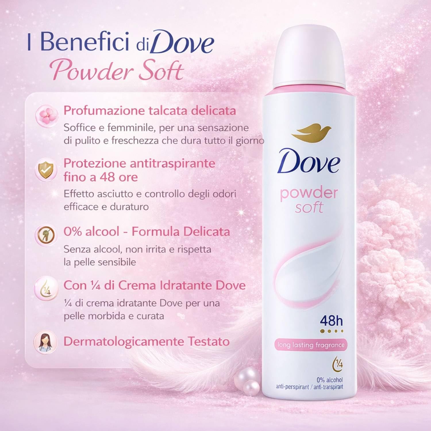 Dove Powder Soft Deospray für Damen, Talkatduft, Anti-Transpirant 48H, ohne Alkohol, 150 ml (12)