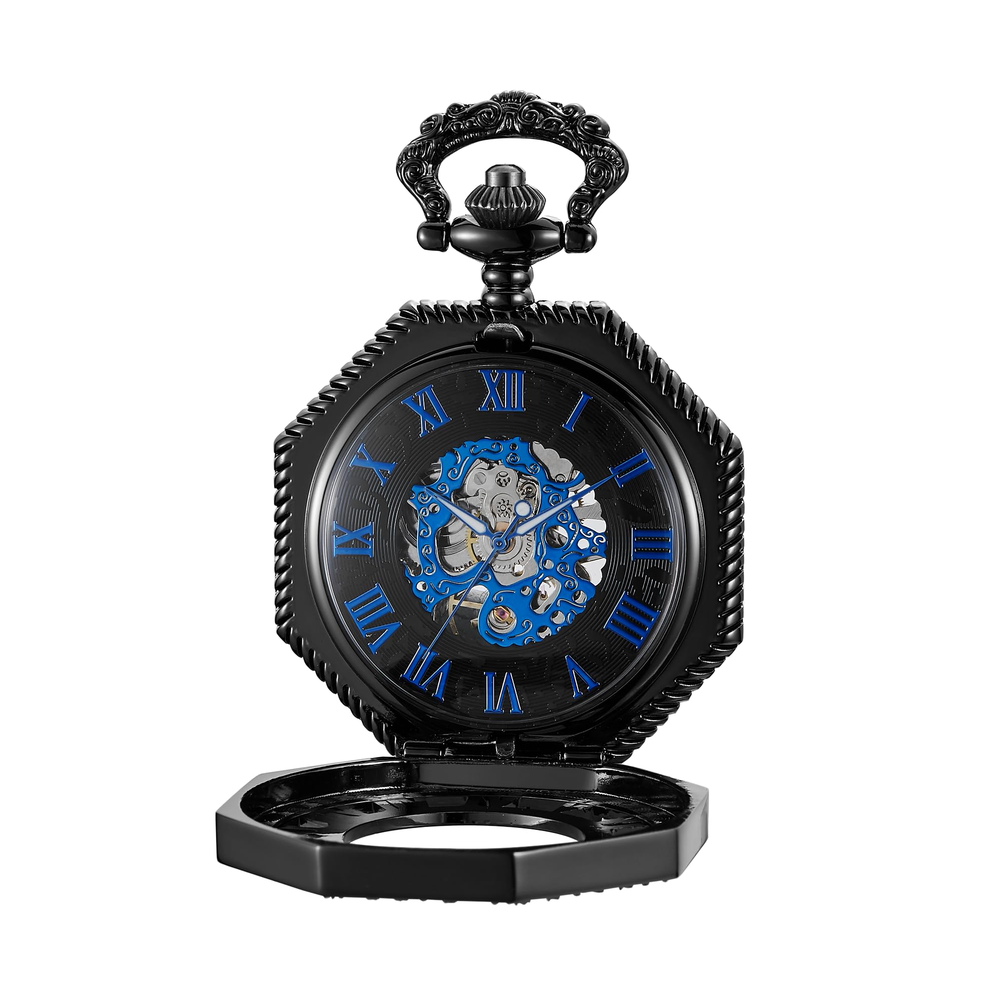 Tiong Reloj de bolsillo mecánico octogonal con diseño de cubierta romana negra, movimiento mecánico para hombre, esfera de números romanos, reloj de bolsillo de apertura única, PWM26, Moda