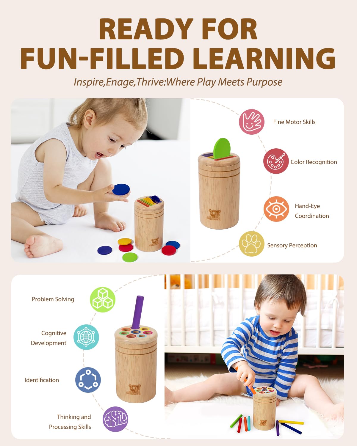 Juguetes de madera para clasificar colores para niños pequeños, caja de monedas de clasificación sensorial, juguetes para niños pequeños de 1 a 3 años, habilidades motoras finas y juegos a 5