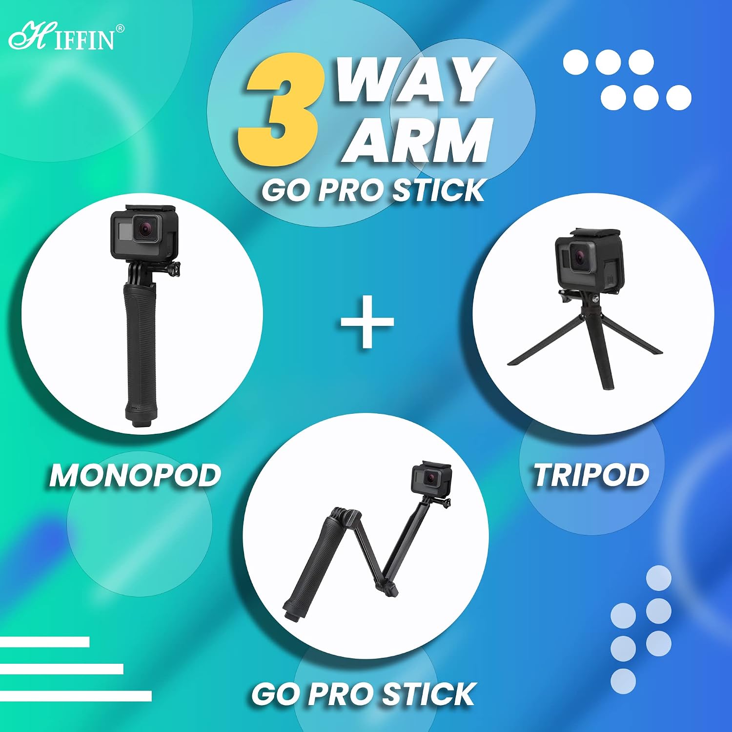 HIFFIN® 3-Way Monopod Grip Arm Tripod Foldable Selfie Stick, Stabilizer Mount Holder for GoPro Hero 9/8/7/6/5, SJCAM SJ6, SJ7, SJ5000, Yi and All Action Cameras