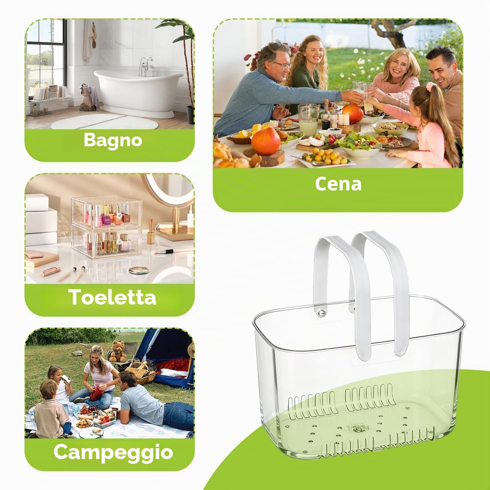 Cesto caddy doccia portatile, bidoni della doccia cesto in plastica cesto trasparente con manico di cestini di stoccaggio delle organizzatore in plastica per uso quotidiano (Bianco)