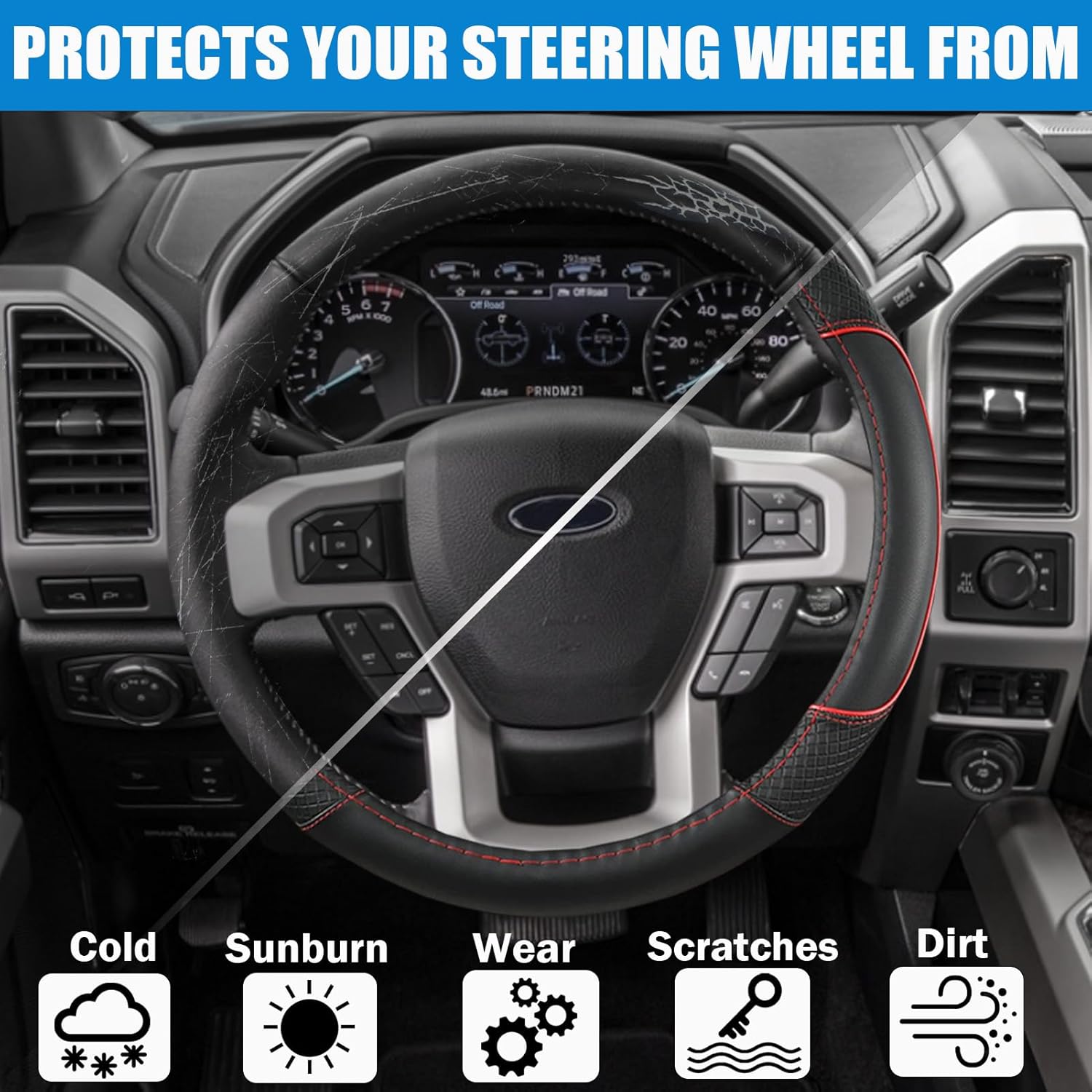 Steering Wheel Cover for Ford F-150, F-250, F-350, Expedition - Custom Fit 15.5-16 Inch Auto Car Accessory, Anti-Slip Grip & Durable Protection (15.5-16 inches - Red)