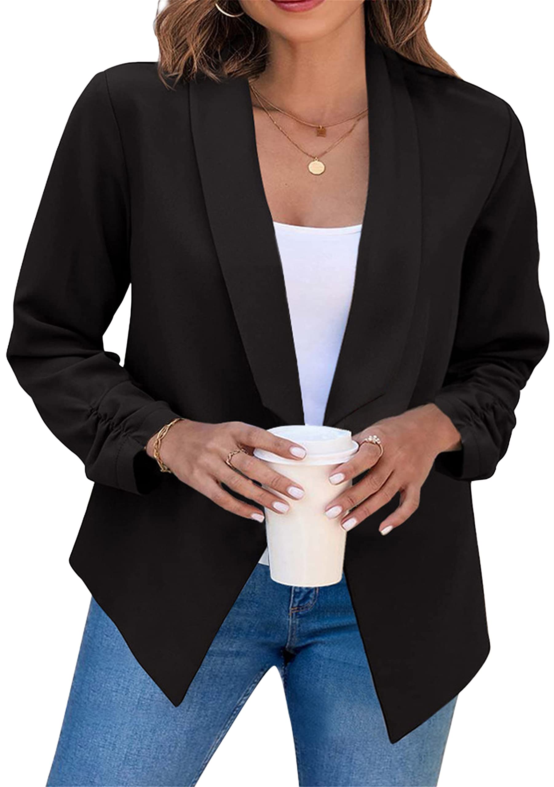 DIACACY Womens Cropped Formal Open Front Blazer Long Sleeve Loose Blazer Jacket Lapel Solid Color Cardigan