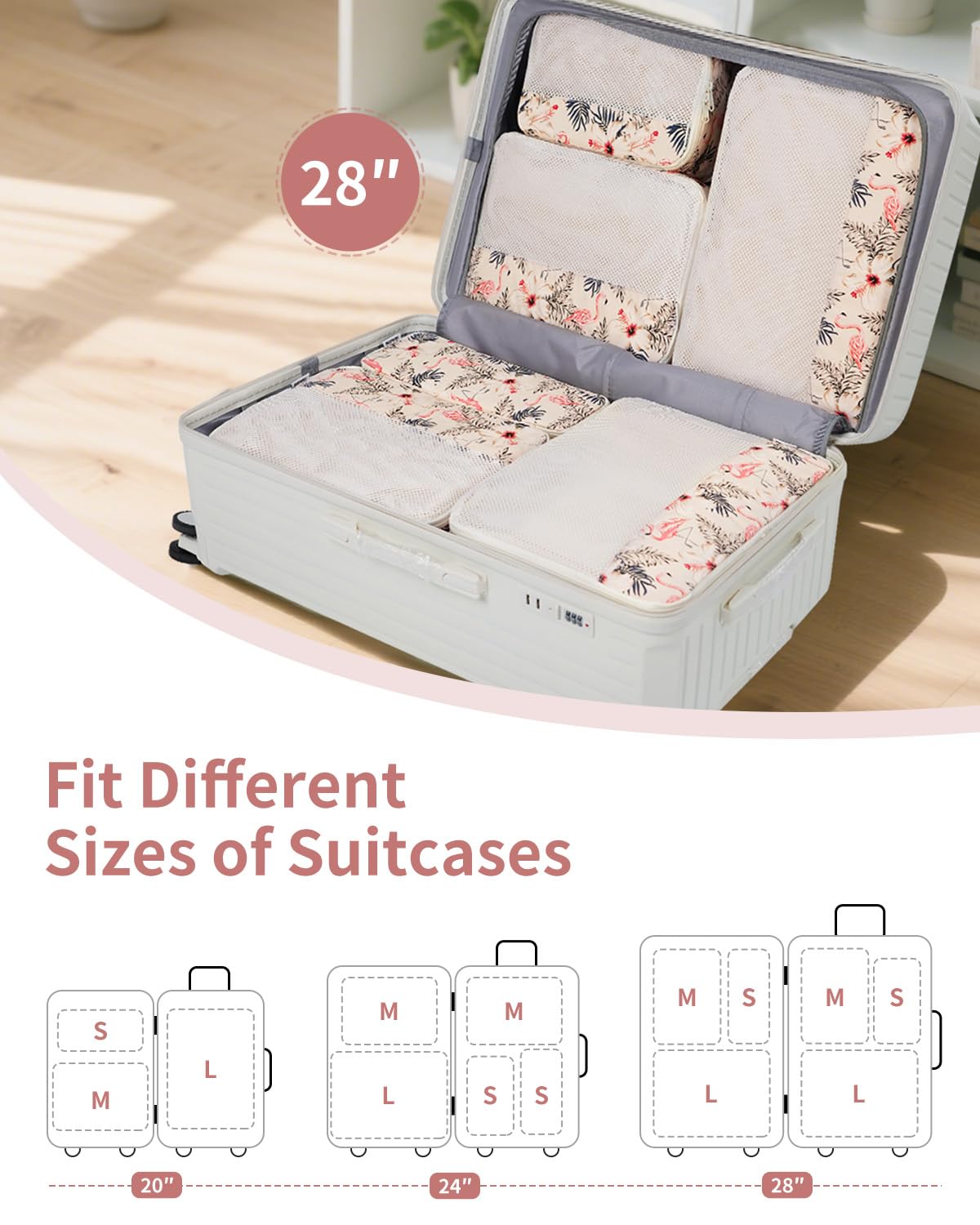 Narwey Organizer Valigia 7 Pezzi Set Packing Cubes, Organizer Valigia Viaggio Salvaspazio, Viaggio Accessori Utili per Vestiti Scarpe Deposito per Viaggiare (Beige Flamingo)