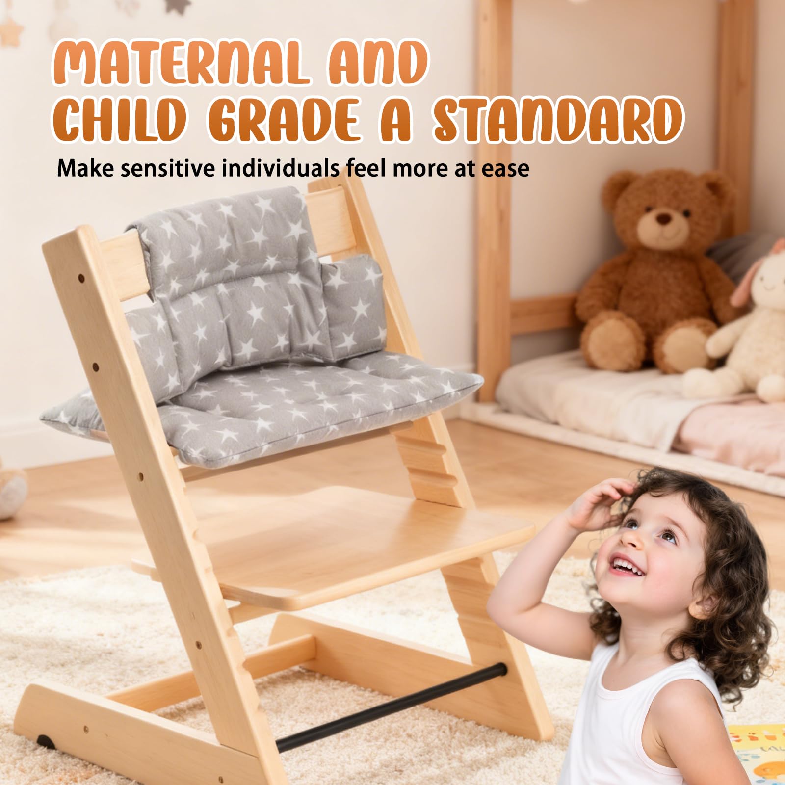 Cuscino Per Seggiolone Stokke Tripp Trapp GOEDCH – In Cotone Biologico, 2 Parti (seduta E Schienale), Chiusura A Strappo, Grigio A Stelle