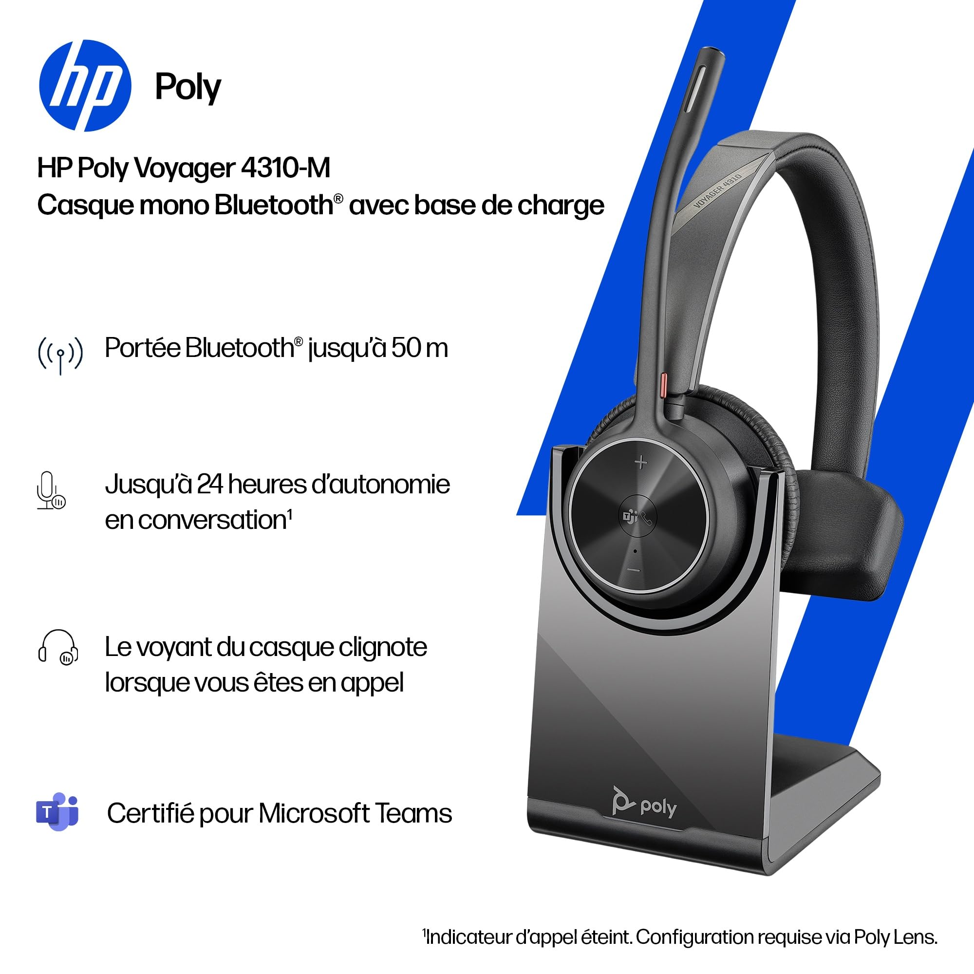 Micro-casque sans fil Poly Voyager 4310 UC et socle de chargement - Micro-casque Bluetooth monaural avec perche de microphone antibruit - Connexion à un PC/Mac/Téléphone portable - Teams (certifié)