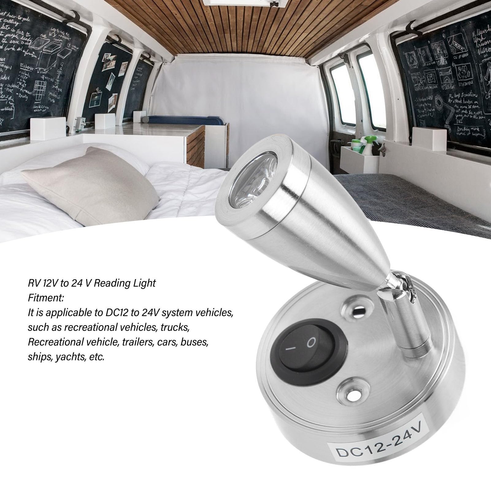 Akozon RV 12V 24V Polished LED Reading Light Berth Boat Marine Lights Truck Ship Trailer (Silver) - Image 2