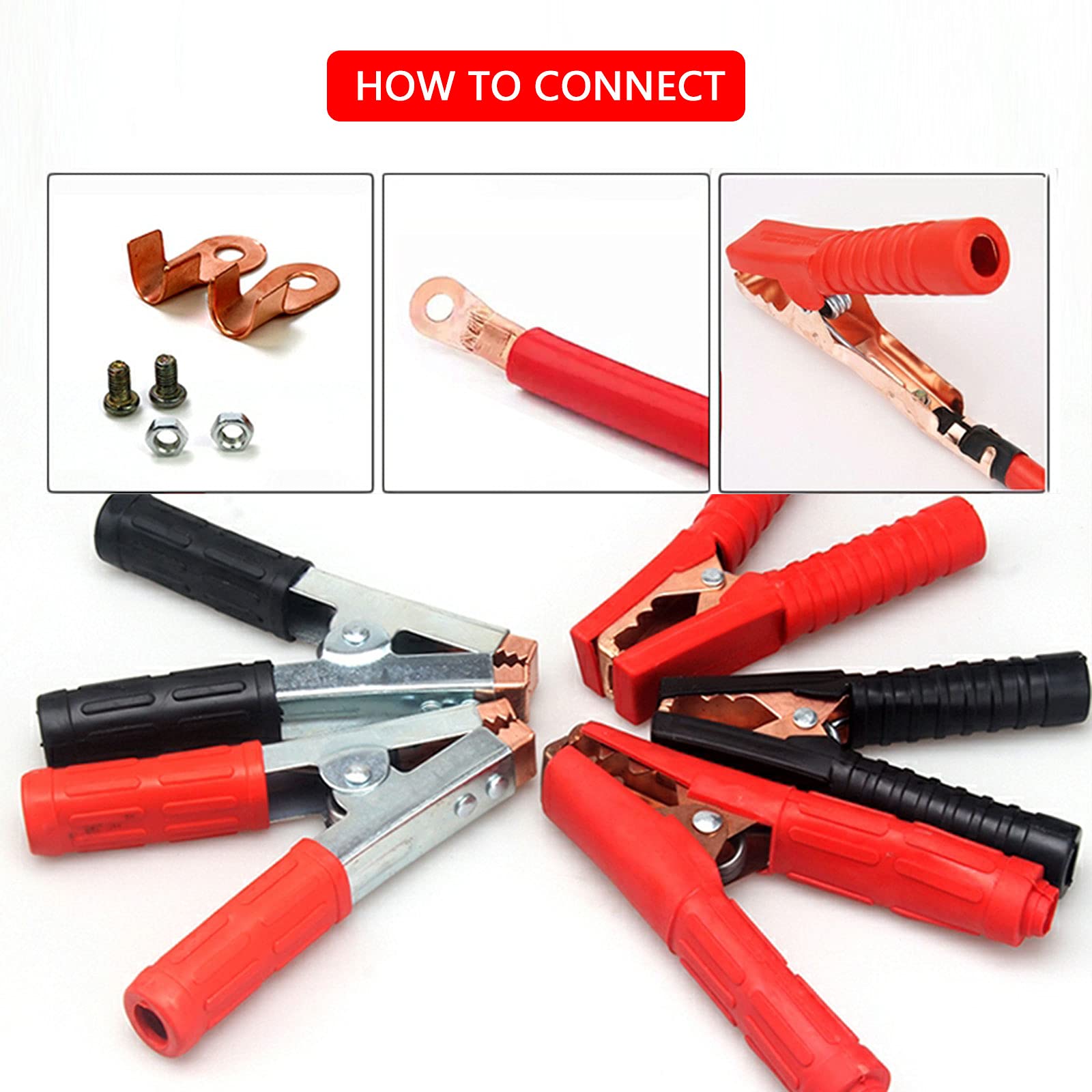Morsetti per caricabatterie e ponticello per batteria, 1300 A, clip di ricambio per cavi in rame puro resistente, per camion, SUV, camper, barche (nero + rosso), 2 pezzi