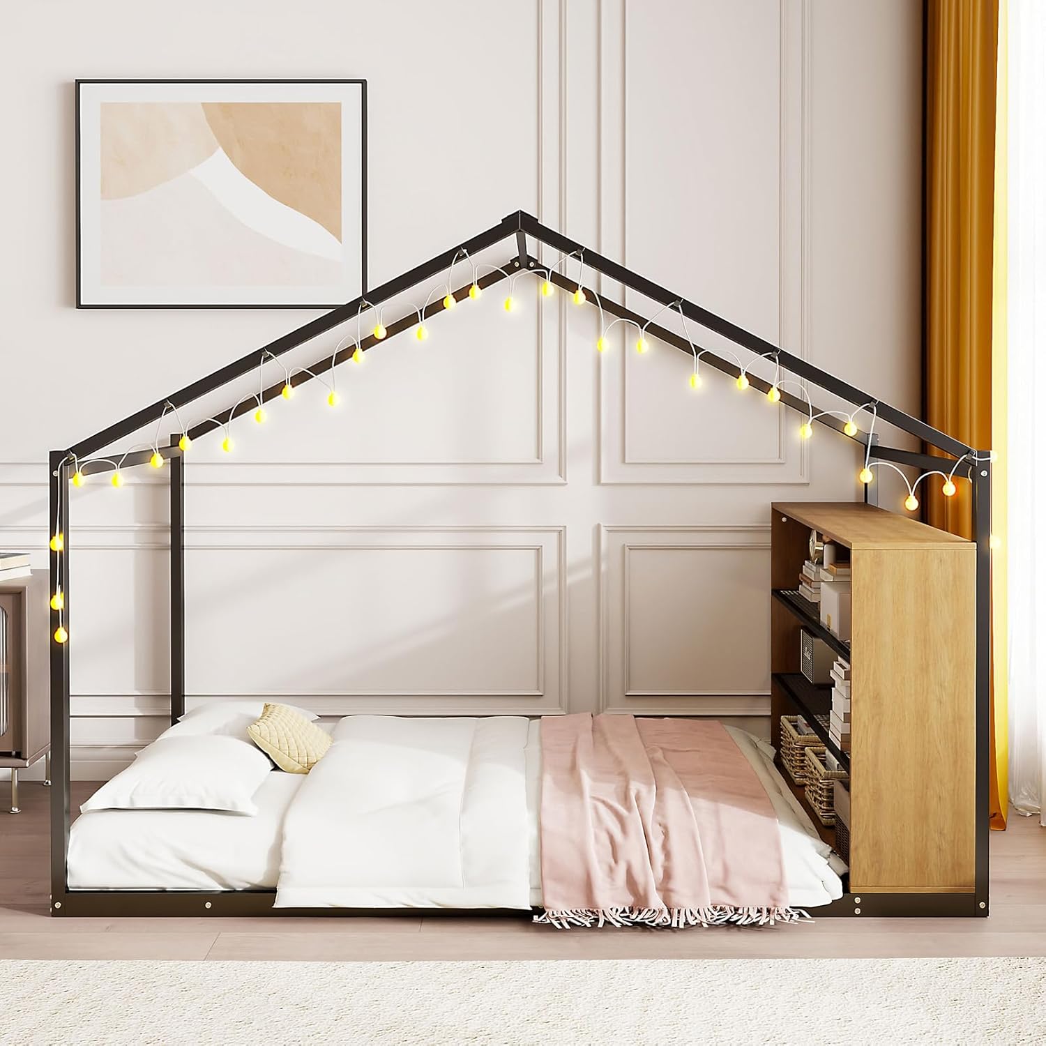 Full Size Floor Bed with Shelves and Lights, Montessori Metal House Bed Frame for Boys and Girls, Kids Playroom, No Box Spring Needed,Black